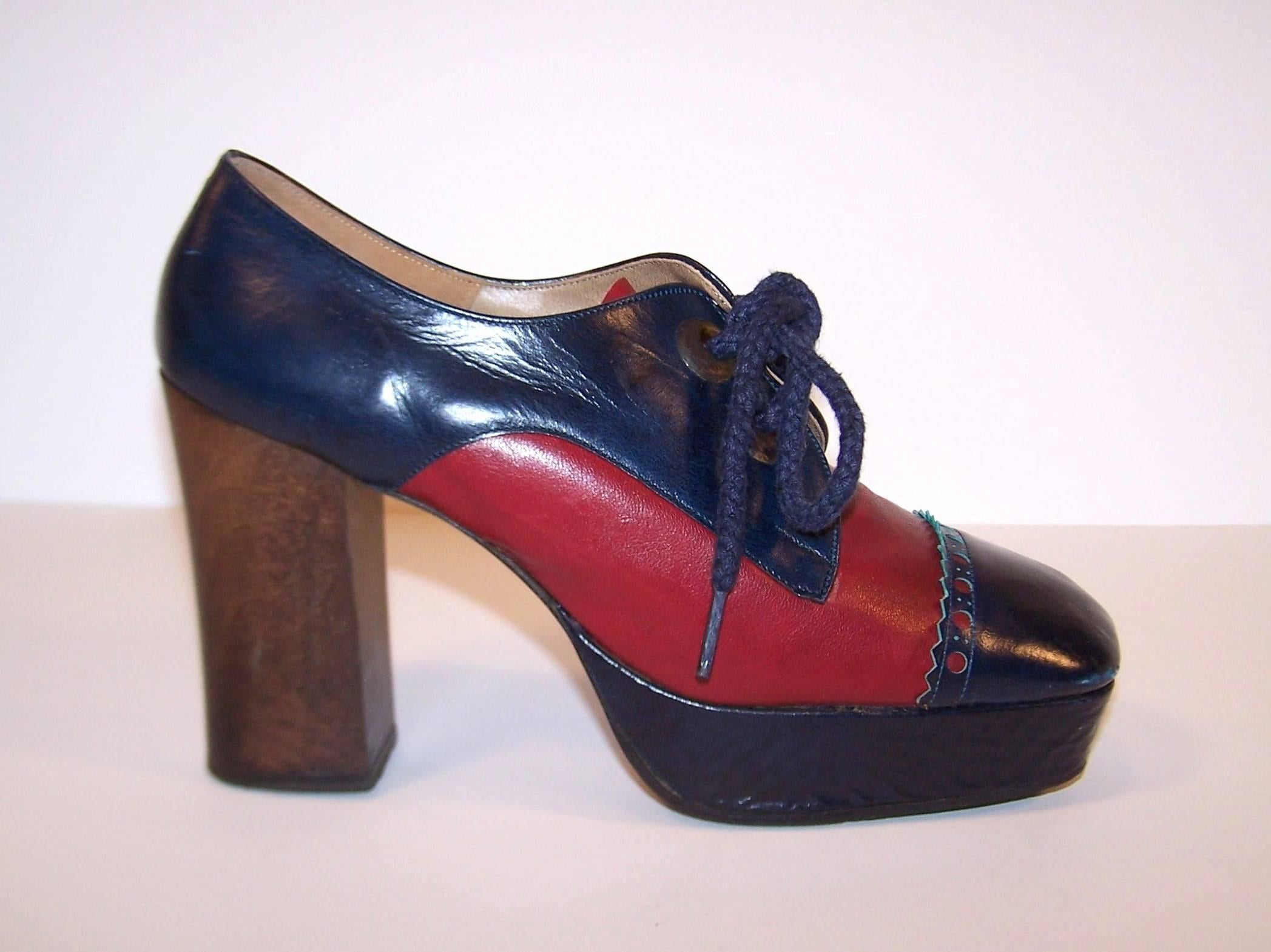 Glam Era 1970's Nina Spectator Style Leather Platform Shoes In Good Condition In Atlanta, GA