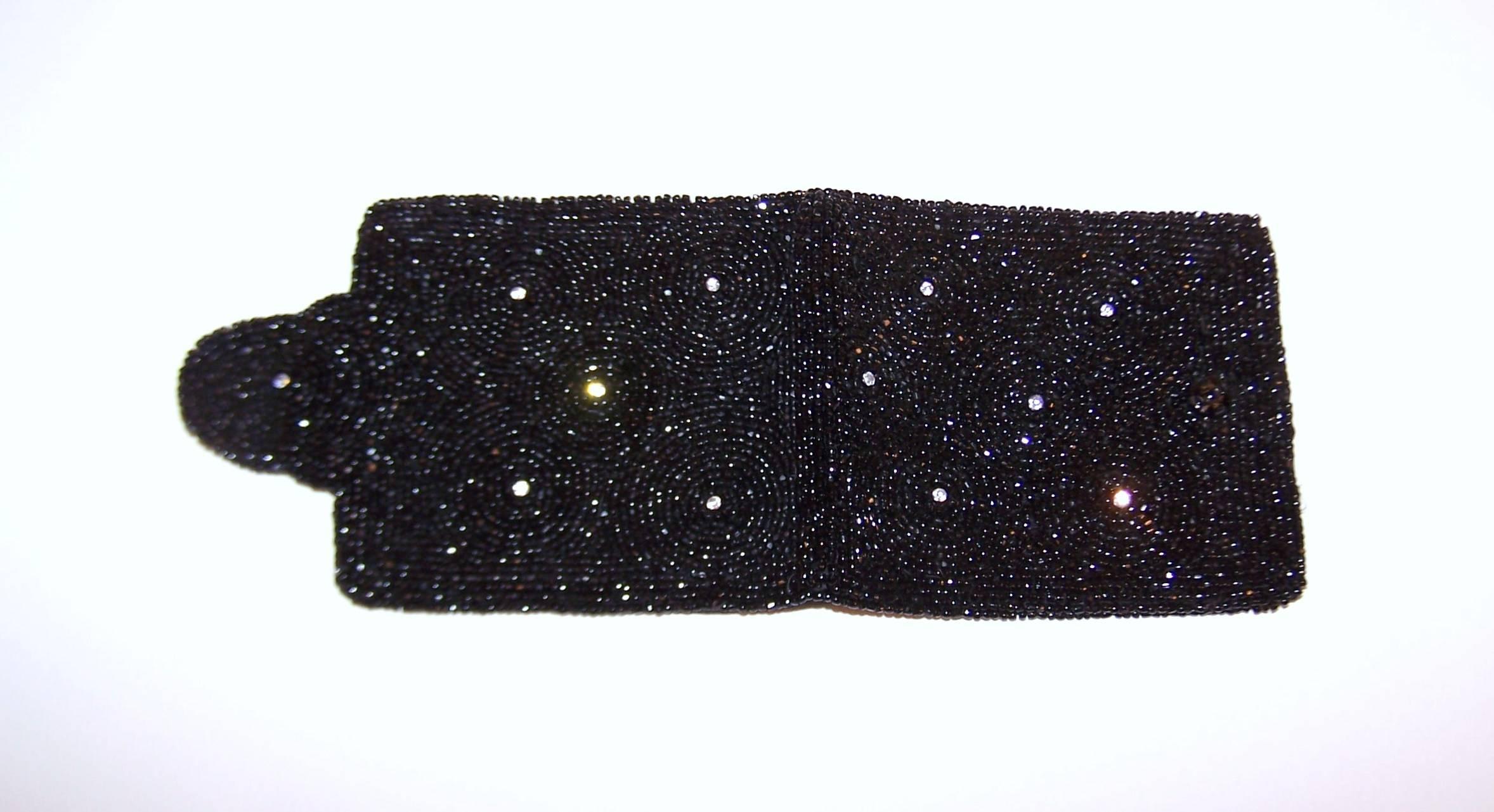 Women's 1950's Saks Fifth Avenue Black Beaded Evening Wallet With Rhinestones