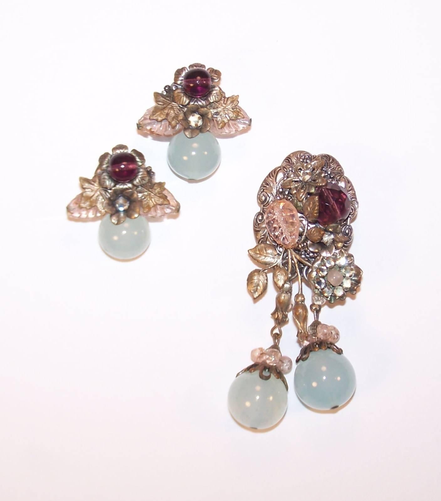 Ethereal 1930's Miriam Haskell Brooch & Earrings Set In Excellent Condition In Atlanta, GA