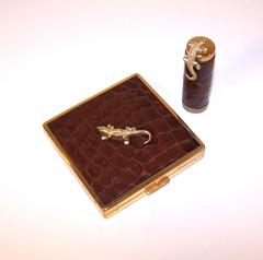 Alligators Abound 1950's Ciner Leather Covered Powder Compact With Lipstick