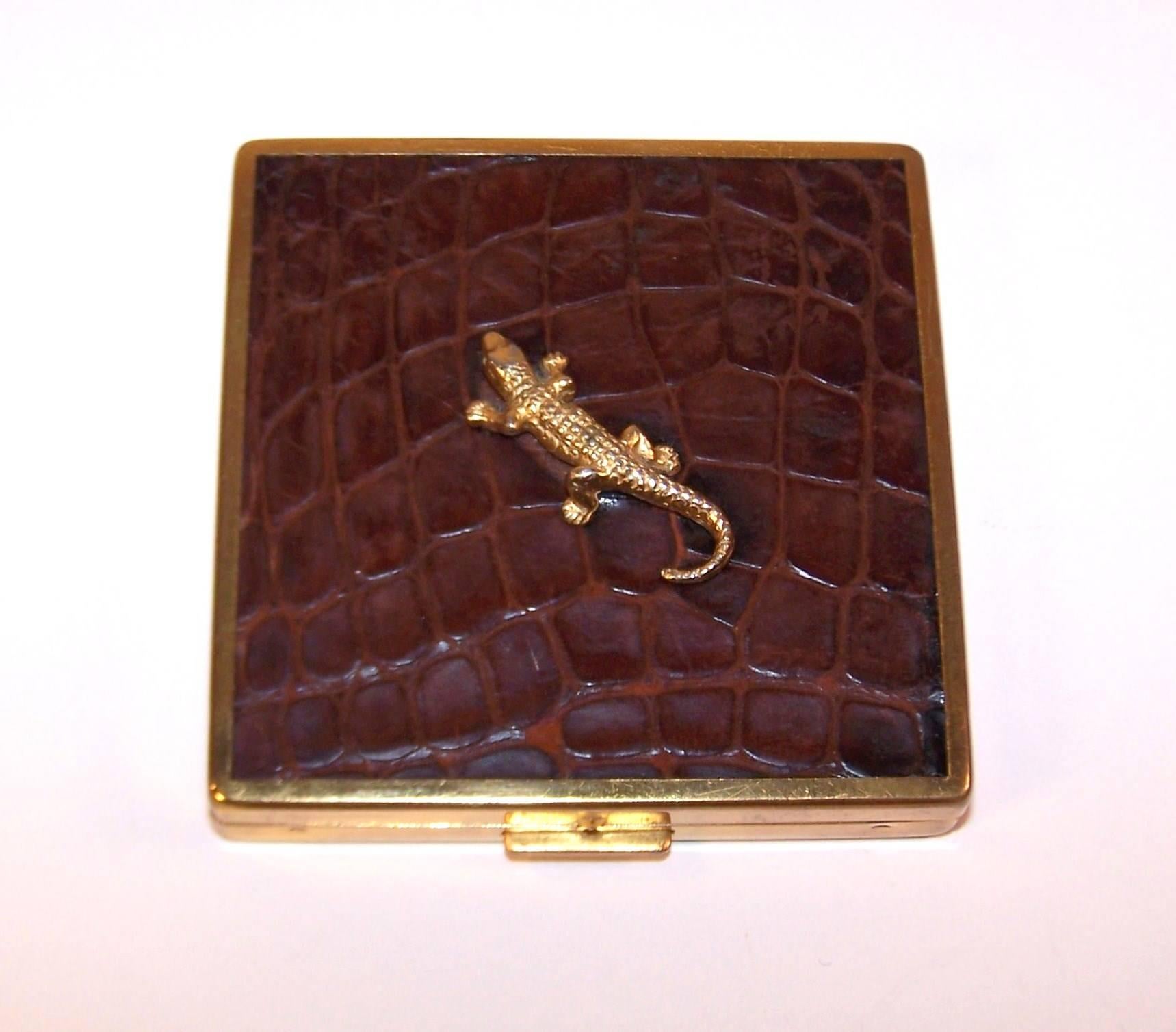 Brown Alligators Abound 1950's Ciner Leather Covered Powder Compact With Lipstick