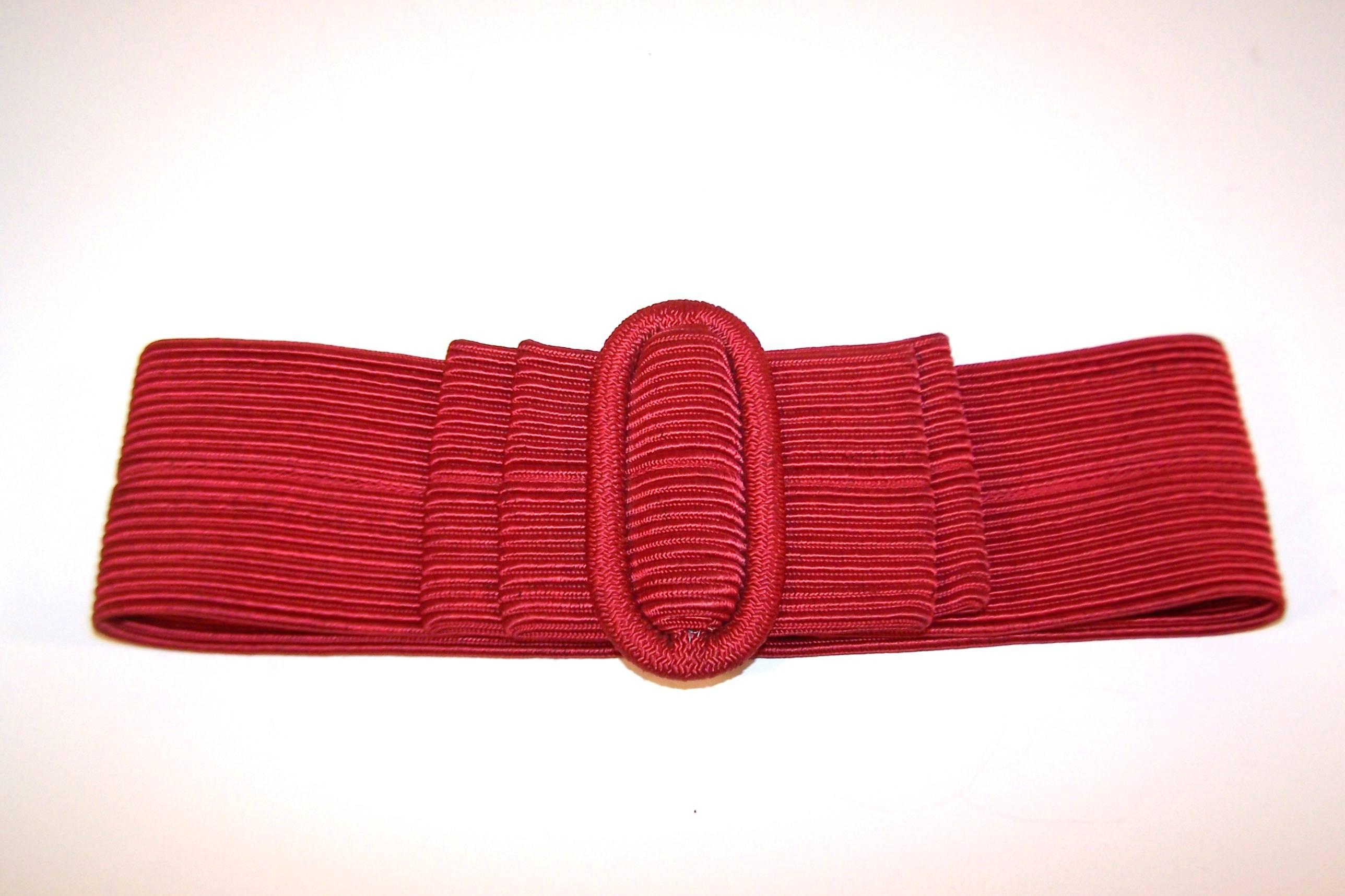 Waist Cinching 1980's Ruby Red Silk Corded Belt With Bow Buckle In Excellent Condition In Atlanta, GA