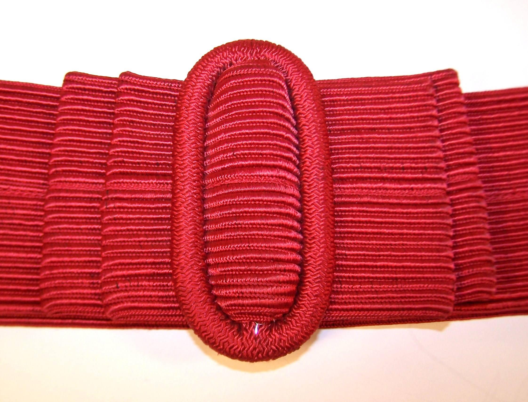 Waist Cinching 1980's Ruby Red Silk Corded Belt With Bow Buckle 1