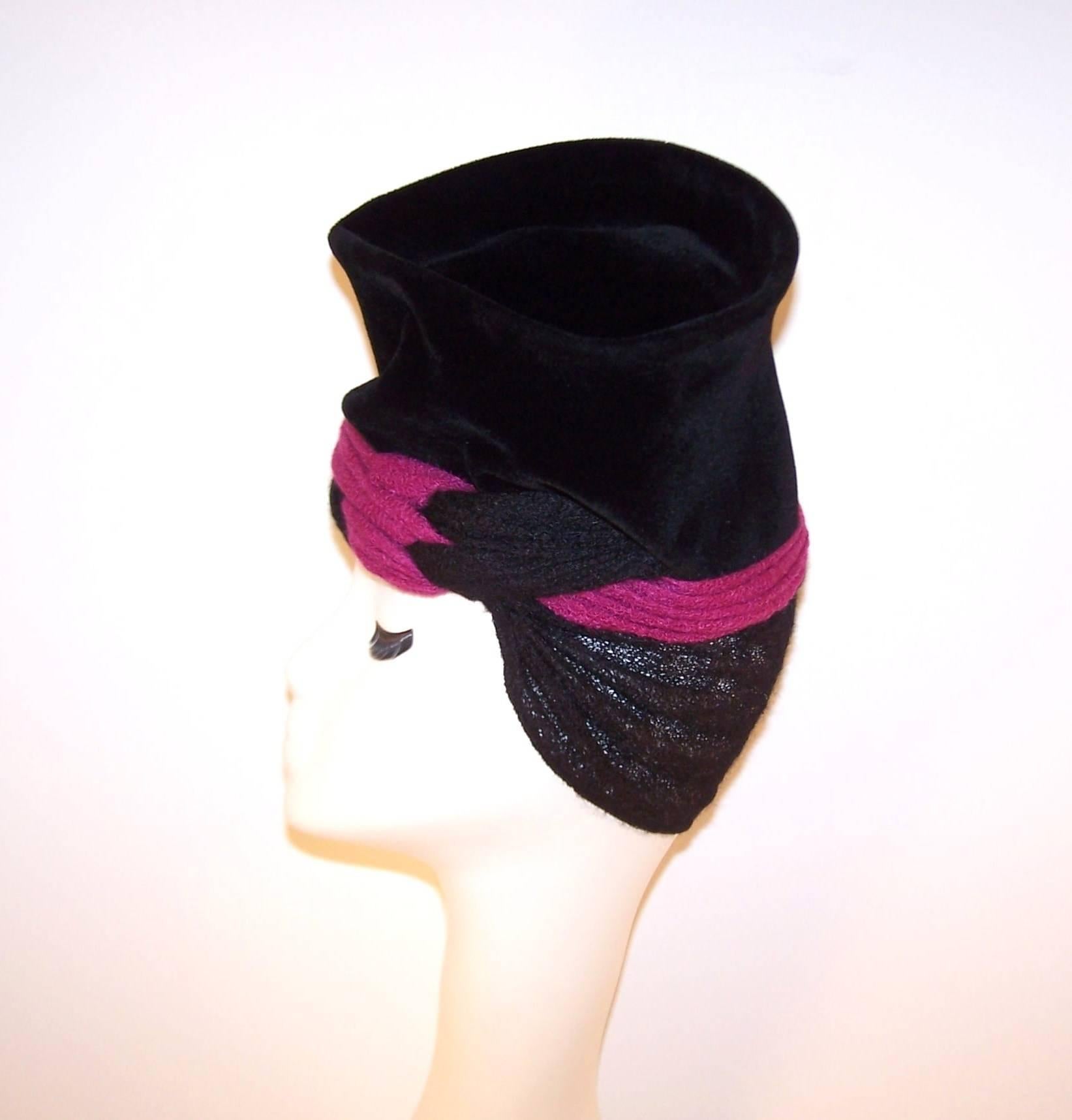 Avant-Garde C.1940 Black Velvet Hat With Fuchsia Wool Snood 1