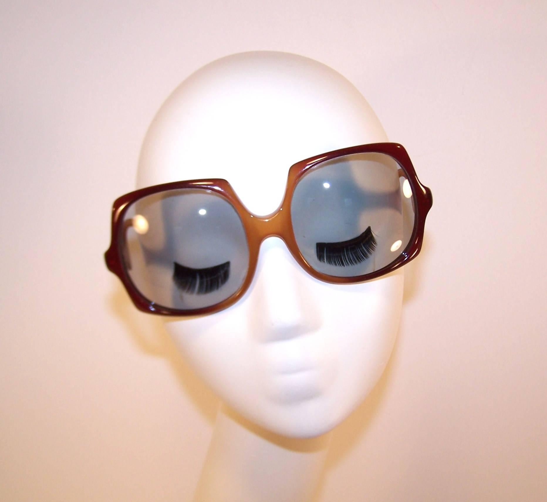 Squared 1970's Optyl Design Caramel Sunglasses With Light Gray Lenses 1