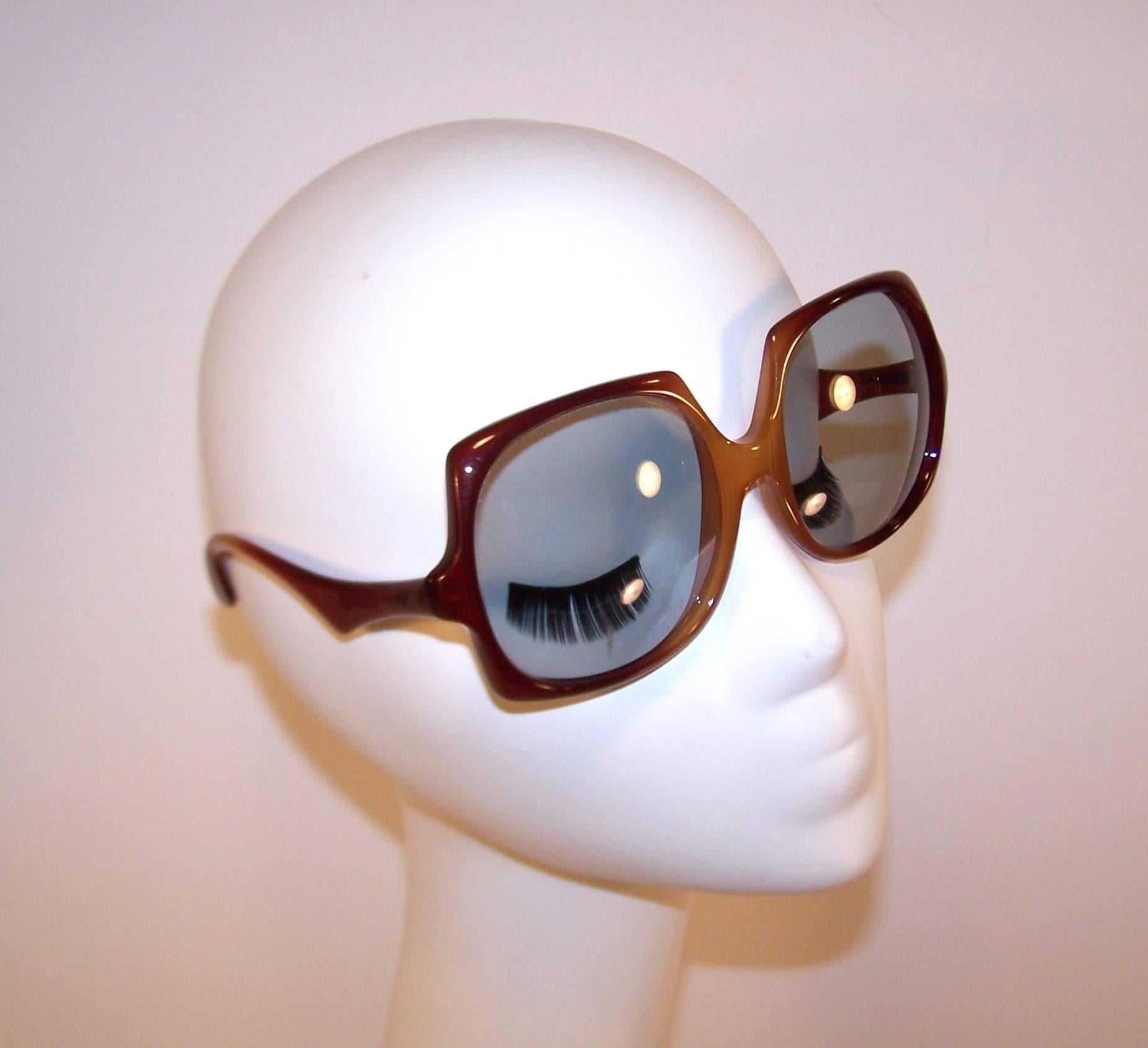 Squared 1970's Optyl Design Caramel Sunglasses With Light Gray Lenses 2