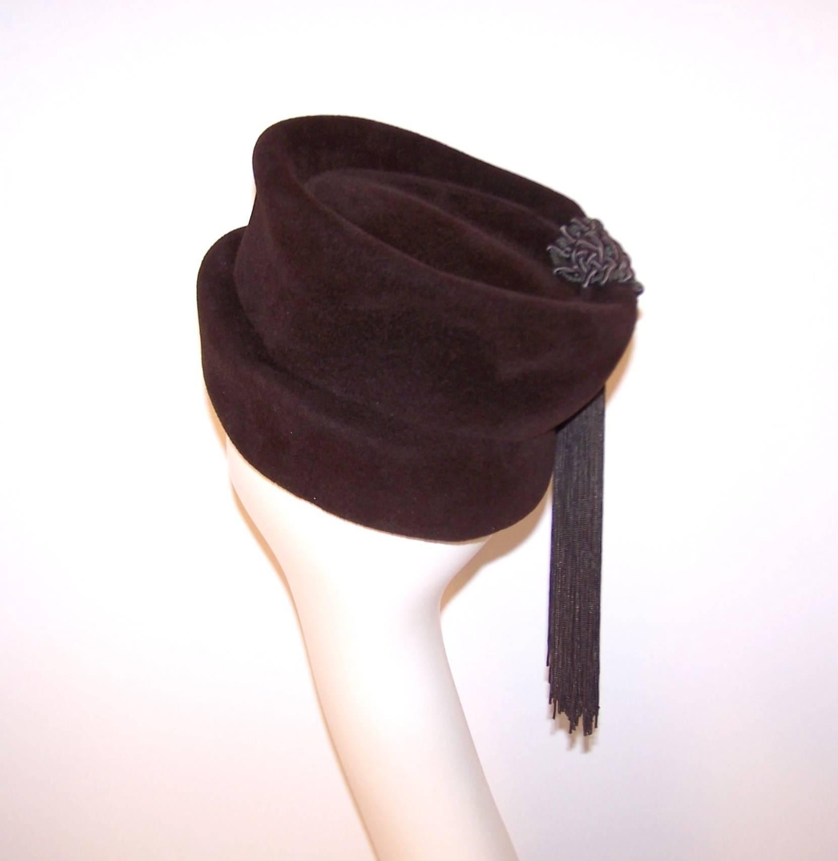 C.1940 Marion Valle Brown Wool Hat With Silk Tassel 1
