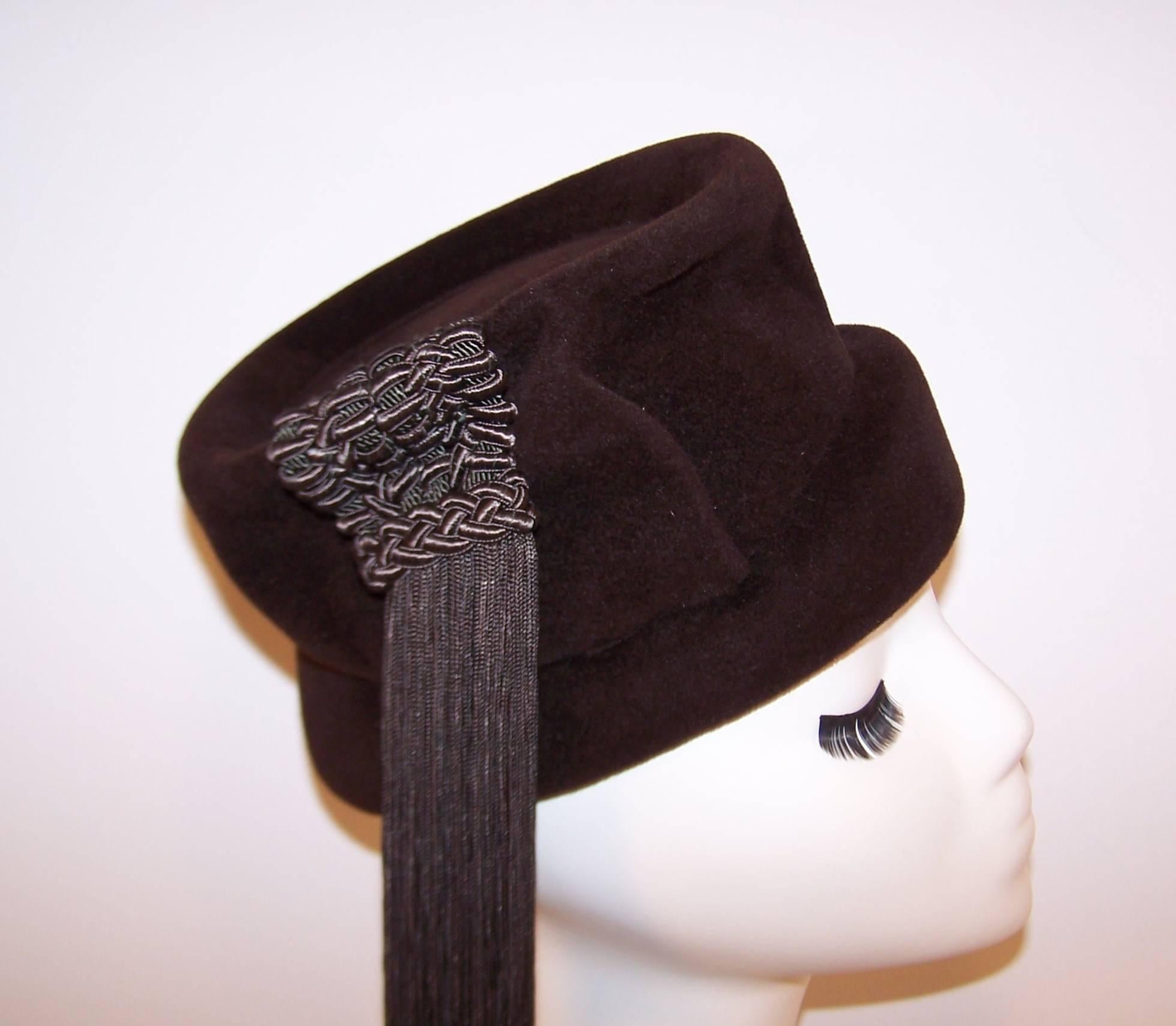 C.1940 Marion Valle Brown Wool Hat With Silk Tassel 3