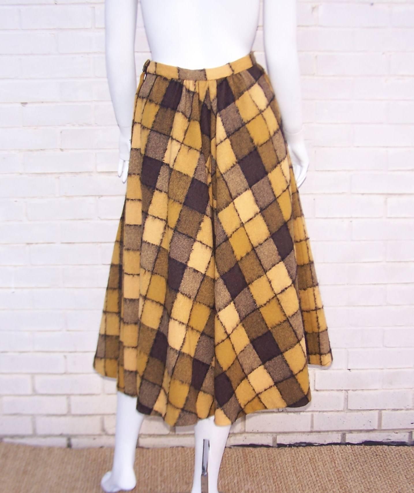 Brown Checkered 1950's Wool Full Circle Skirt