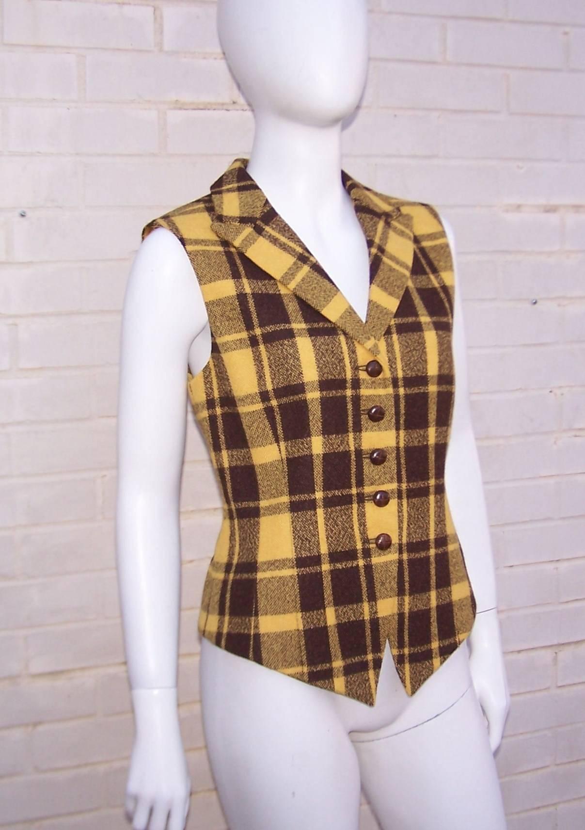 Brown 1980's Mondi Plaid Menswear Style Waistcoat Vest