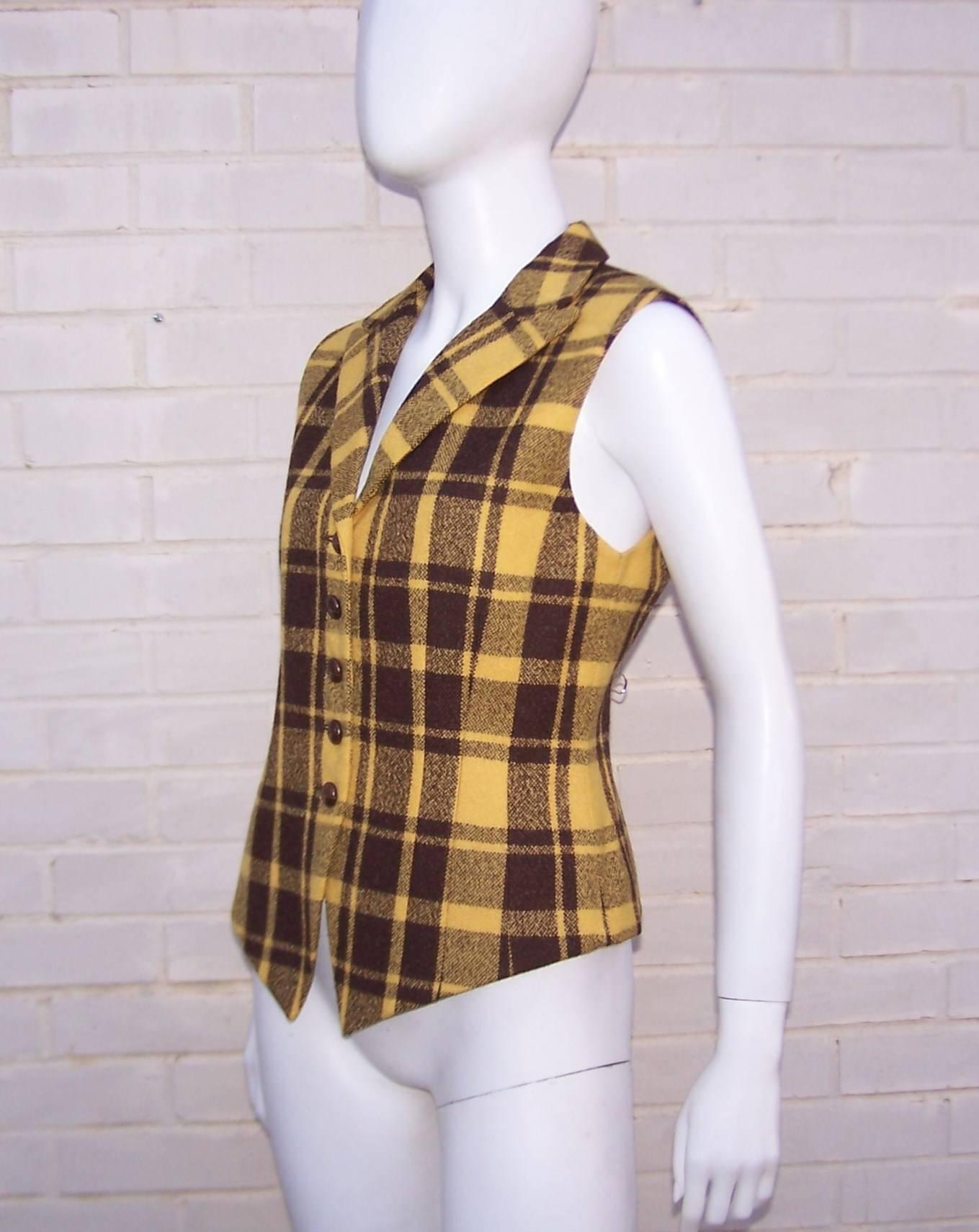 Women's 1980's Mondi Plaid Menswear Style Waistcoat Vest