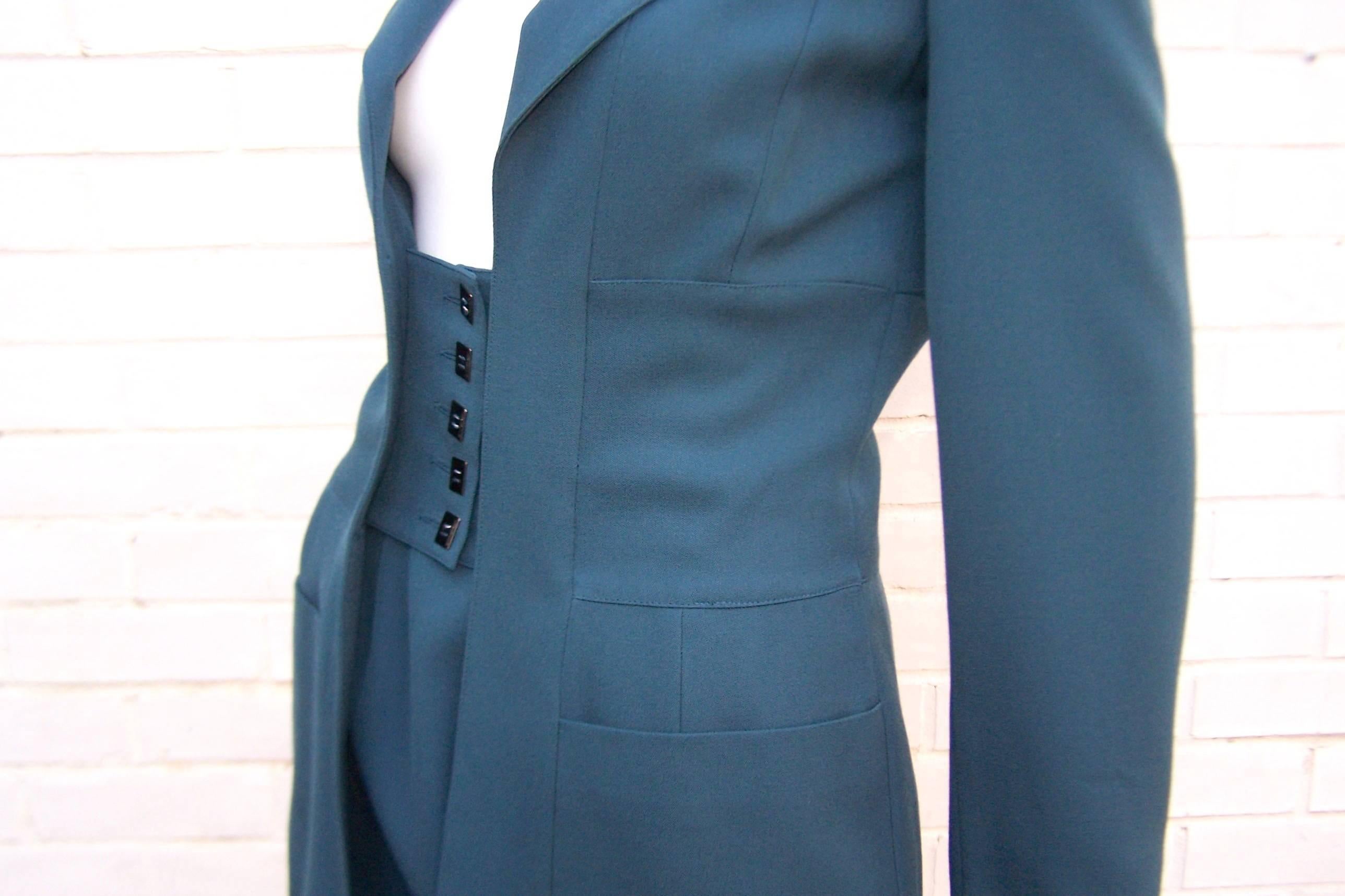 Karl Lagerfeld Corset Style Teal Green Suit, 1990's In Good Condition For Sale In Atlanta, GA