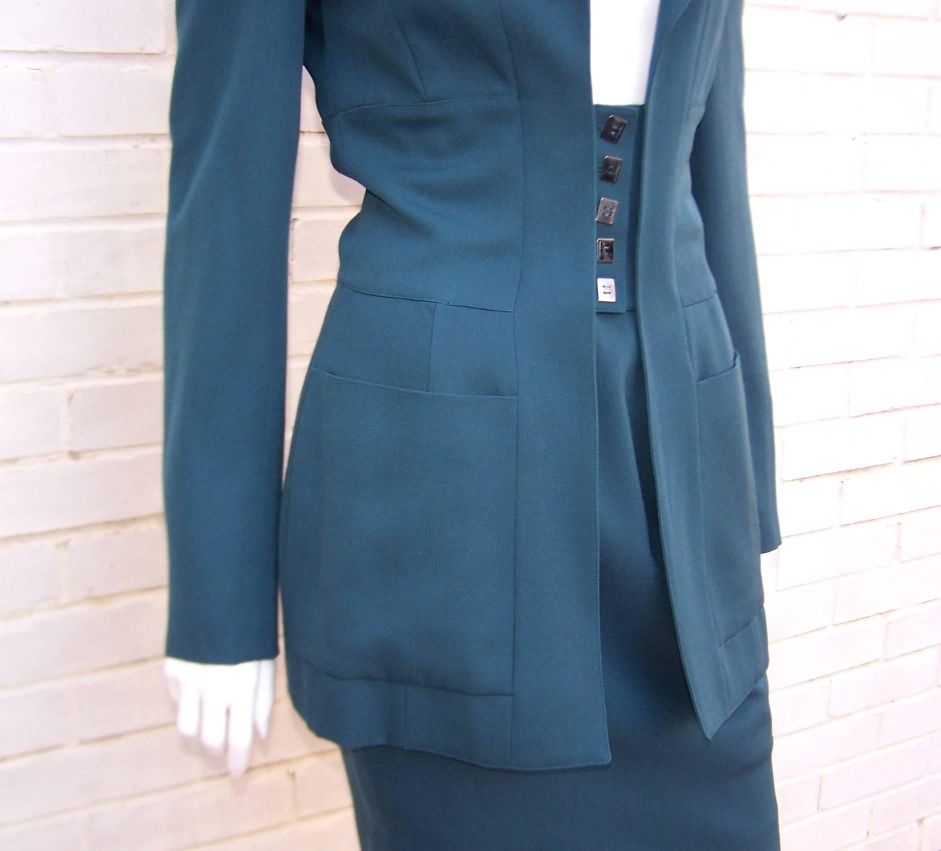 Women's Karl Lagerfeld Corset Style Teal Green Suit, 1990's For Sale