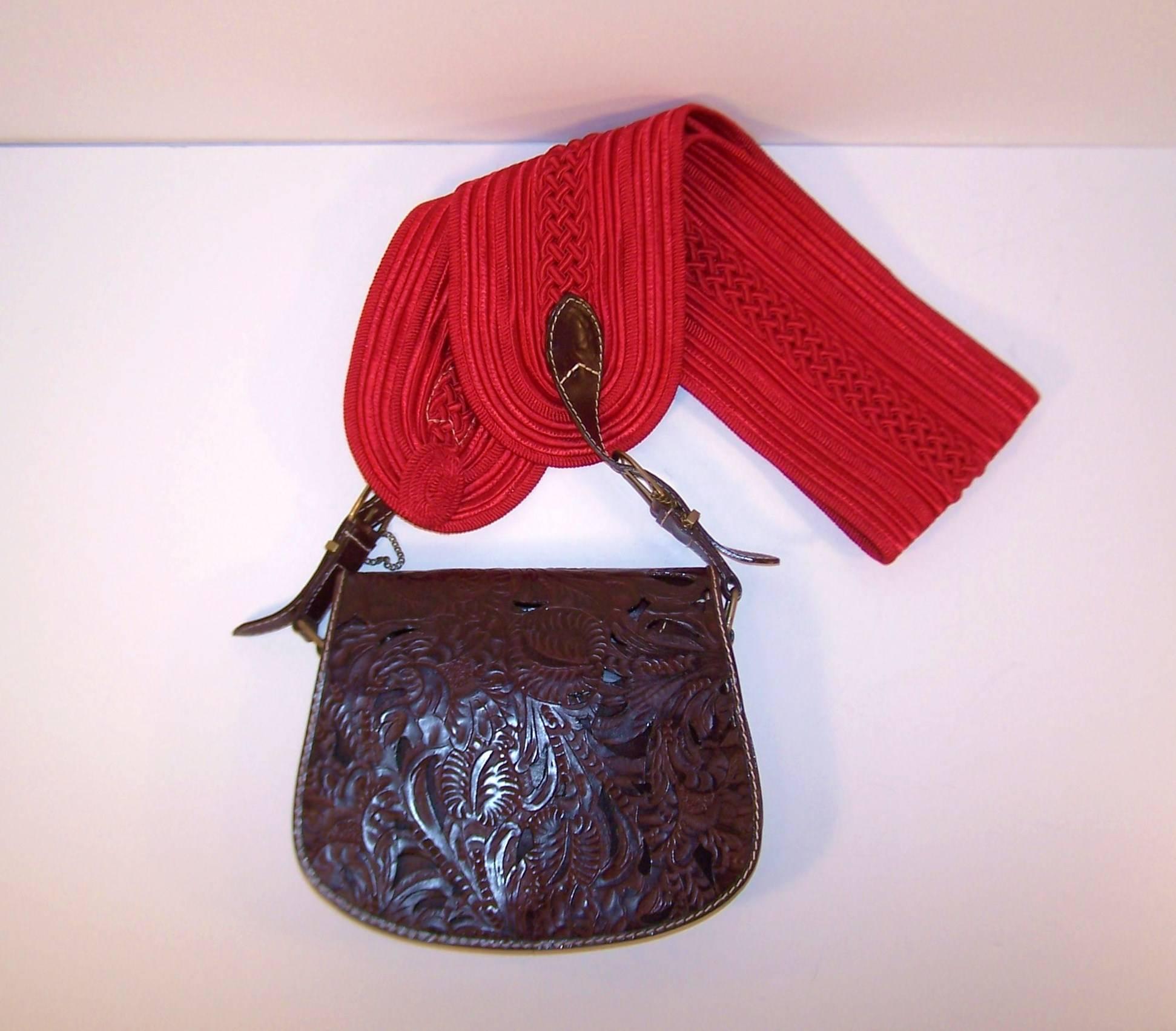 Red 1990's Tooled Leather Crossbody Handbag With Guitar Strap Handle