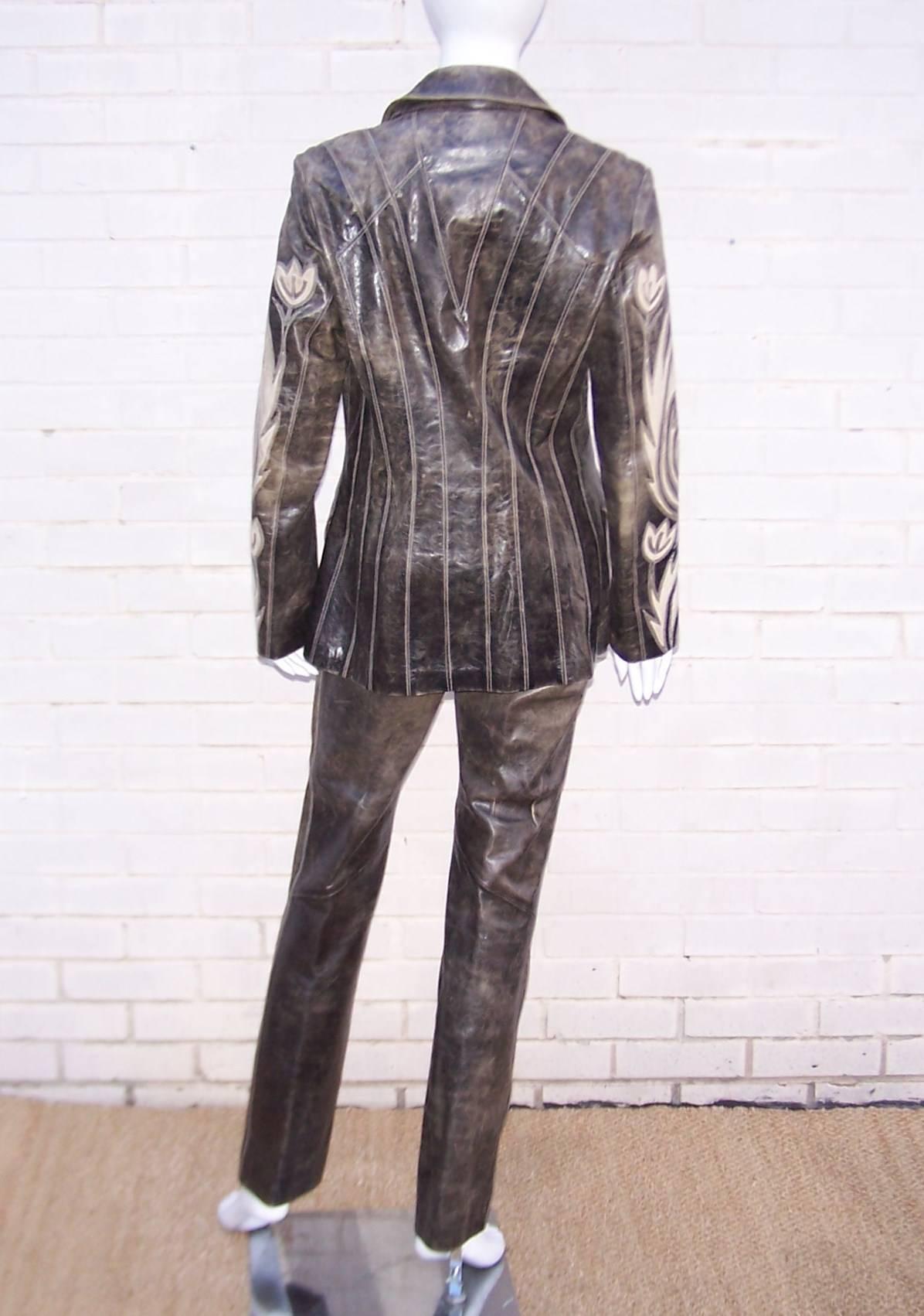 Gray Hip 1990's Roberto Cavalli Stitched Distressed Leather Jacket Pant Suit