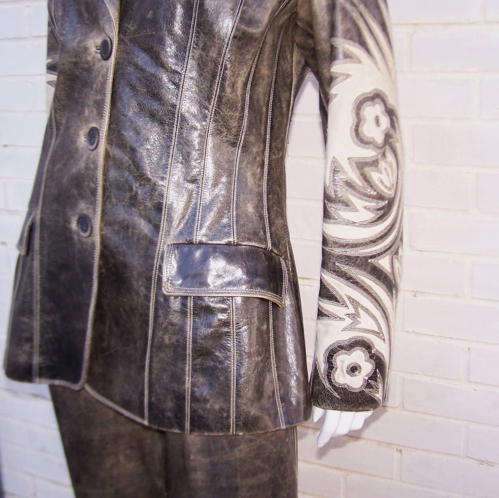 Hip 1990's Roberto Cavalli Stitched Distressed Leather Jacket Pant Suit In Excellent Condition In Atlanta, GA