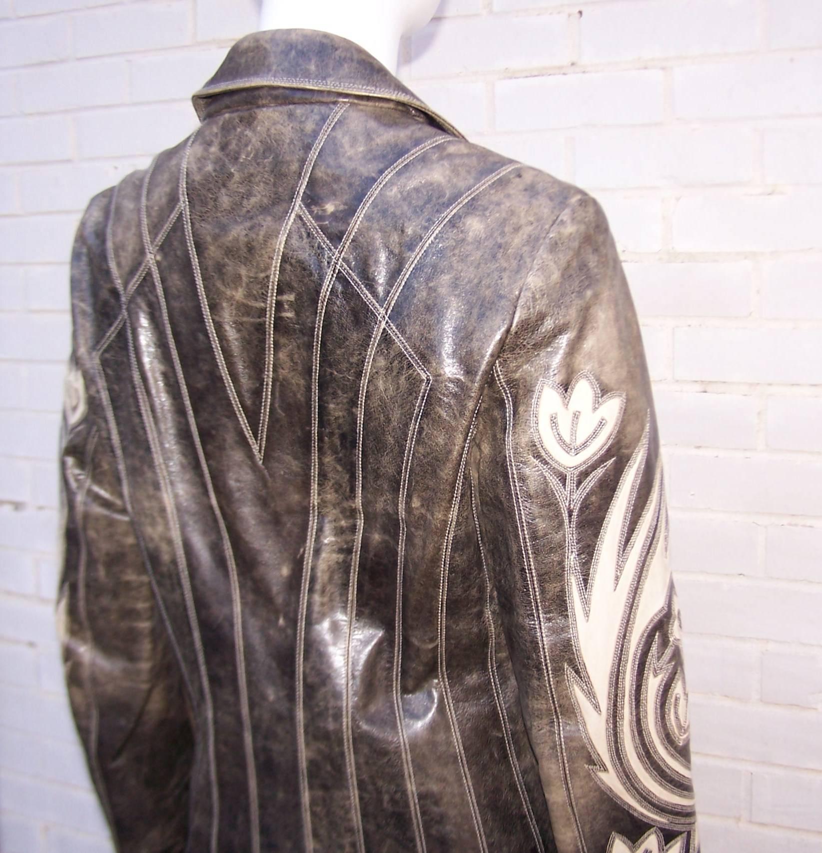 Women's Hip 1990's Roberto Cavalli Stitched Distressed Leather Jacket Pant Suit