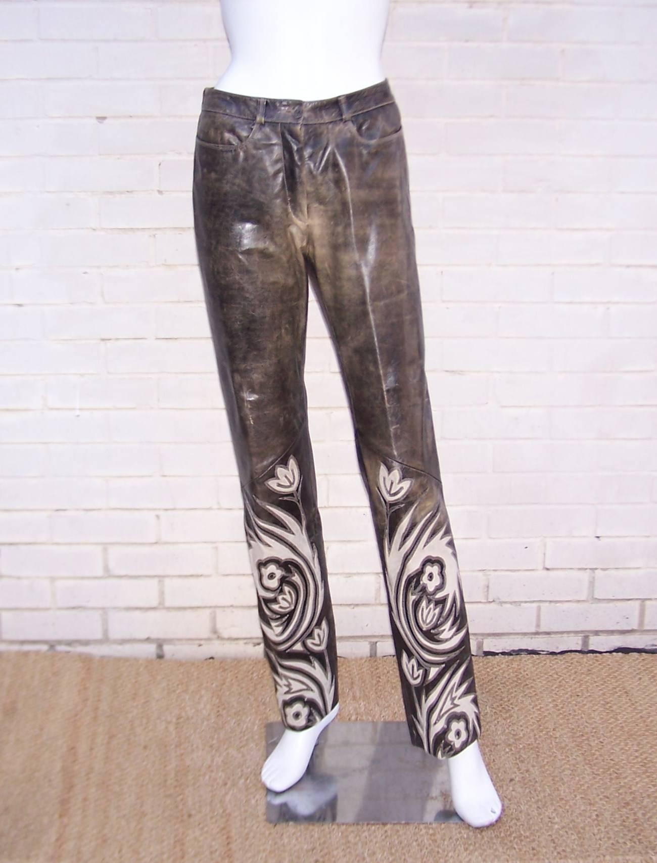 Hip 1990's Roberto Cavalli Stitched Distressed Leather Jacket Pant Suit 1