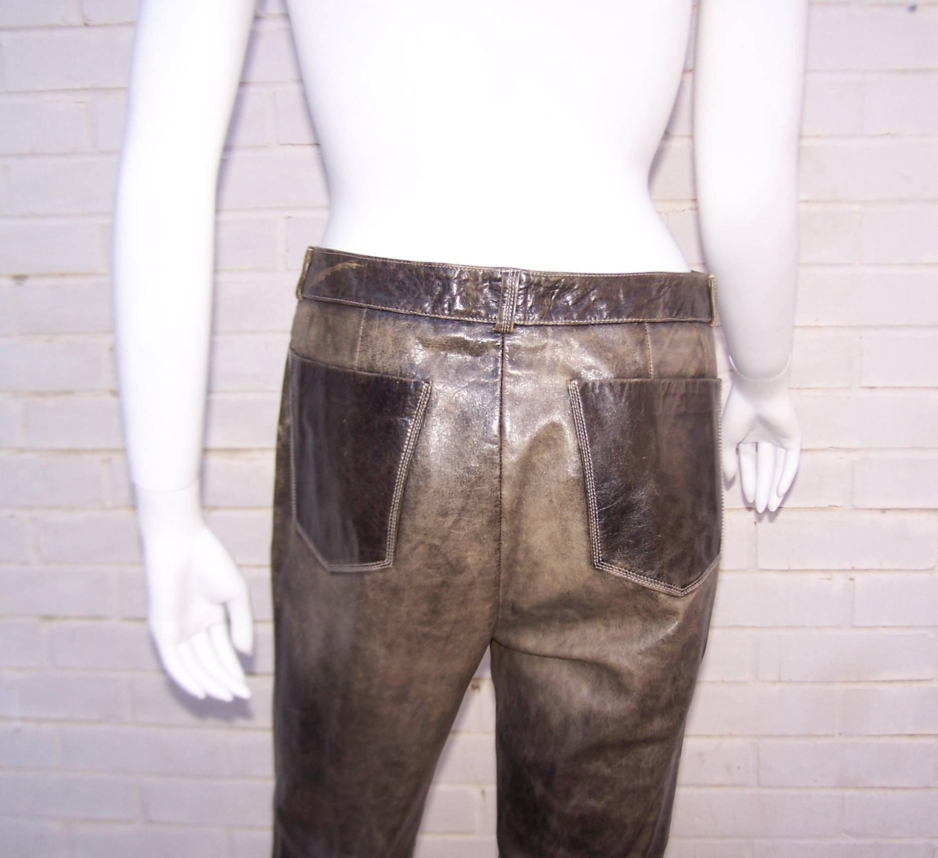 Hip 1990's Roberto Cavalli Stitched Distressed Leather Jacket Pant Suit 2