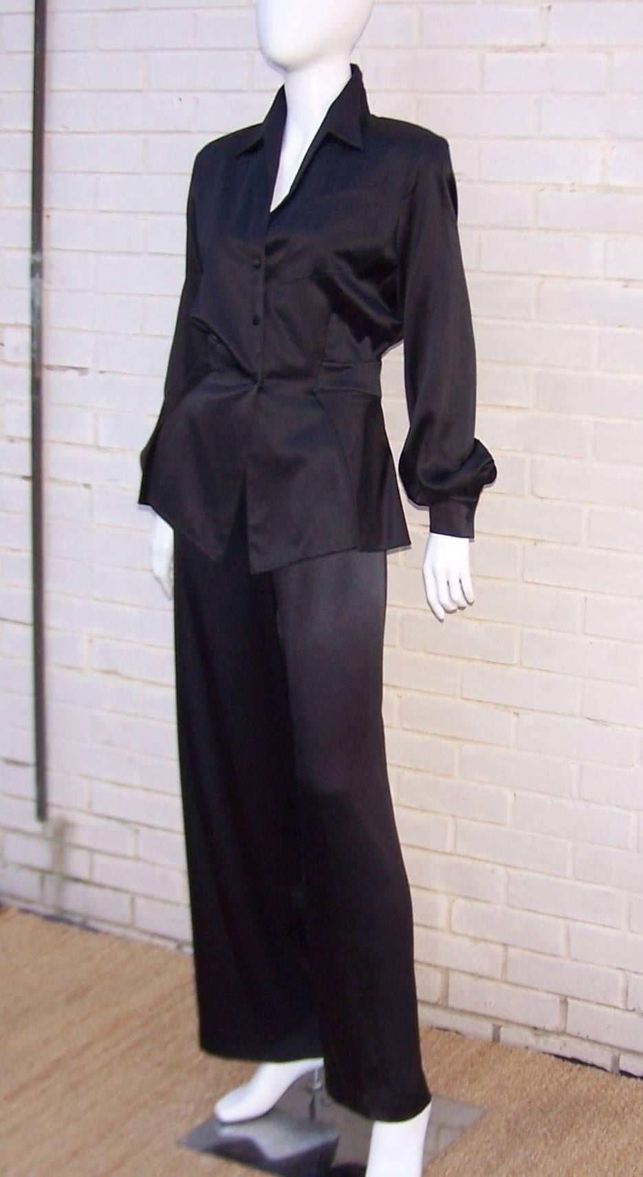 Thierry Mugler Couture Black Silk Charmeuse Evening Pajamas In Excellent Condition In Atlanta, GA