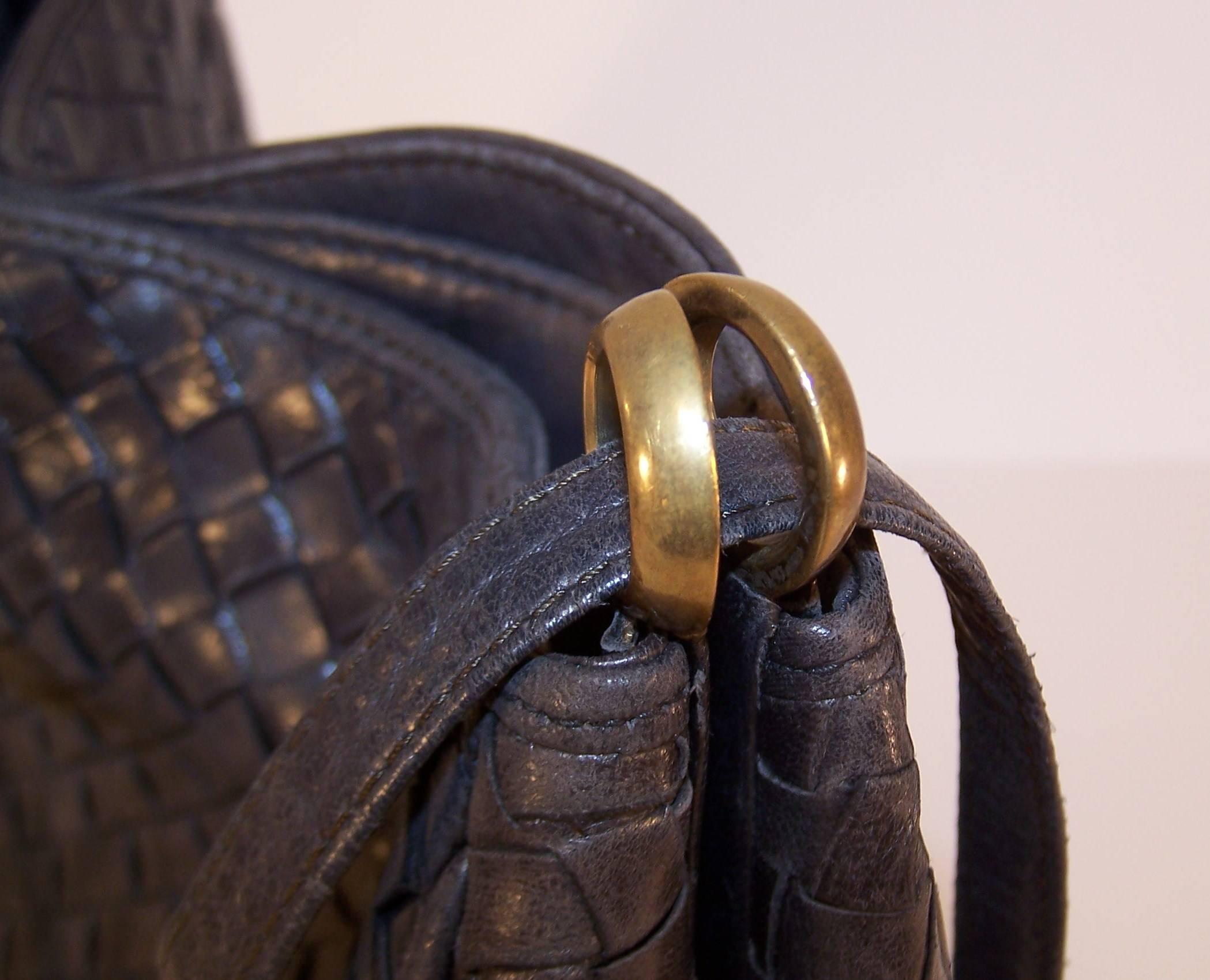 Vintage Bottega Veneta Charcoal Gray Intrecciato Leather Shoulder Handbag 1