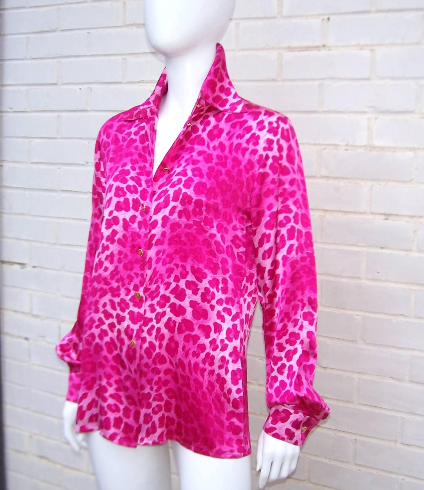 pink leopard print silk blouse