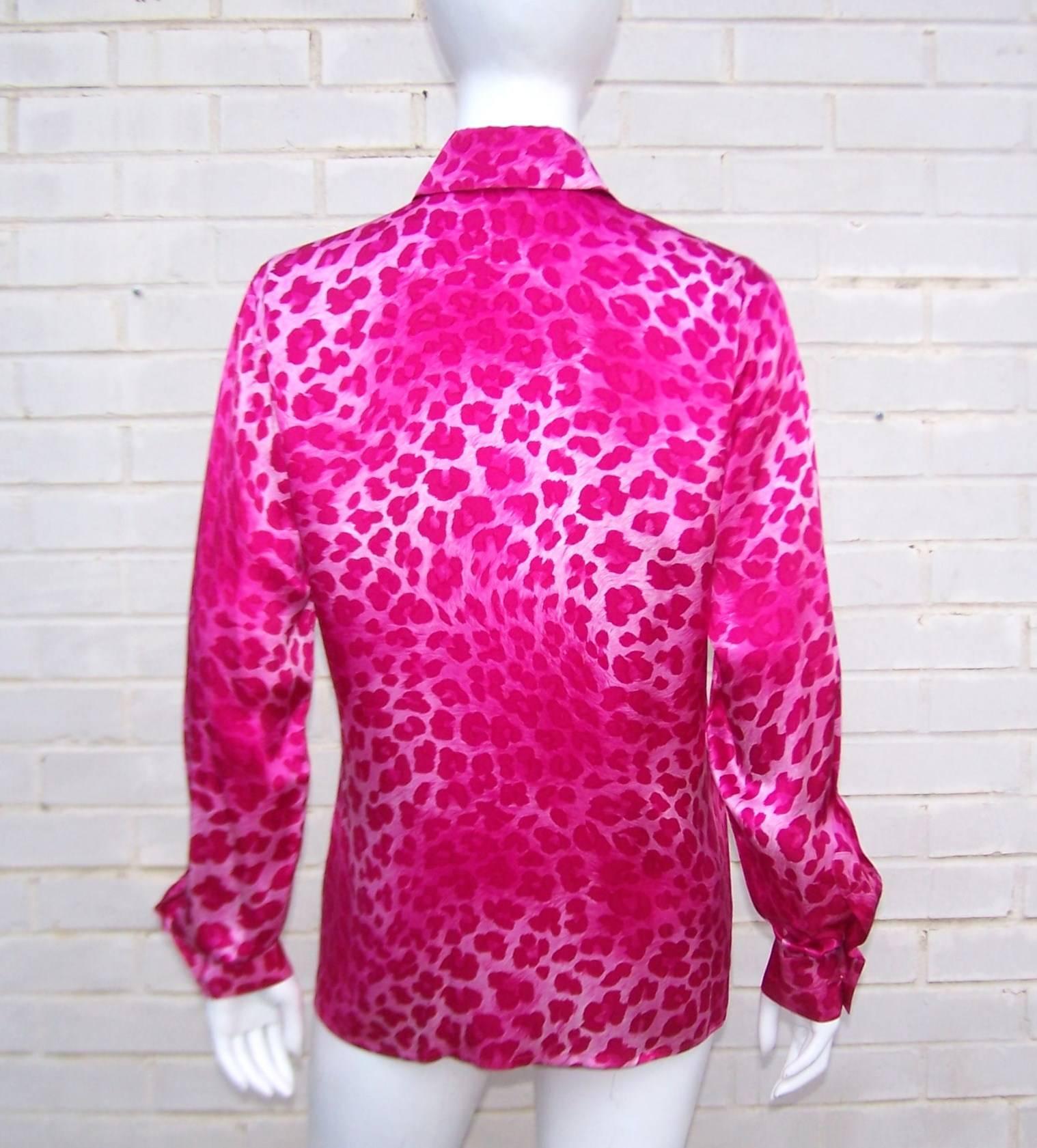 1980's Escada Hot Pink Leopard Print Silk Charmeuse Blouse In Excellent Condition In Atlanta, GA