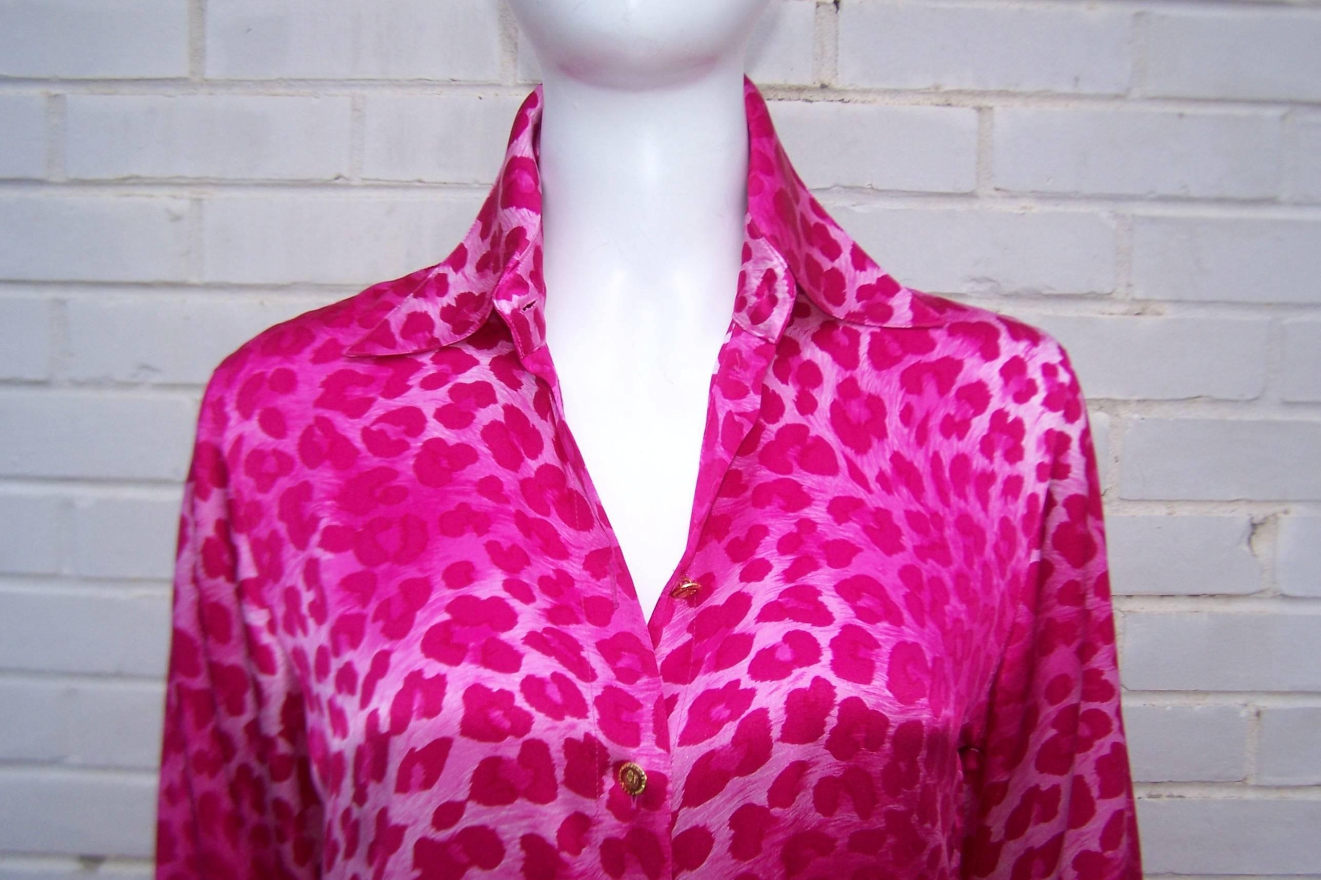 Women's 1980's Escada Hot Pink Leopard Print Silk Charmeuse Blouse