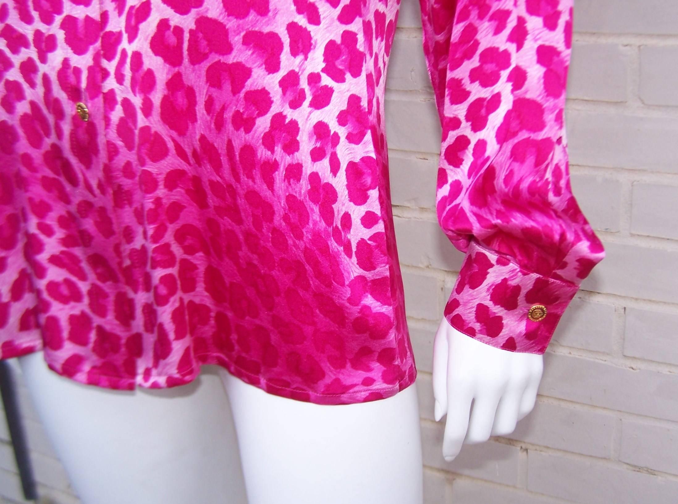1980's Escada Hot Pink Leopard Print Silk Charmeuse Blouse 1