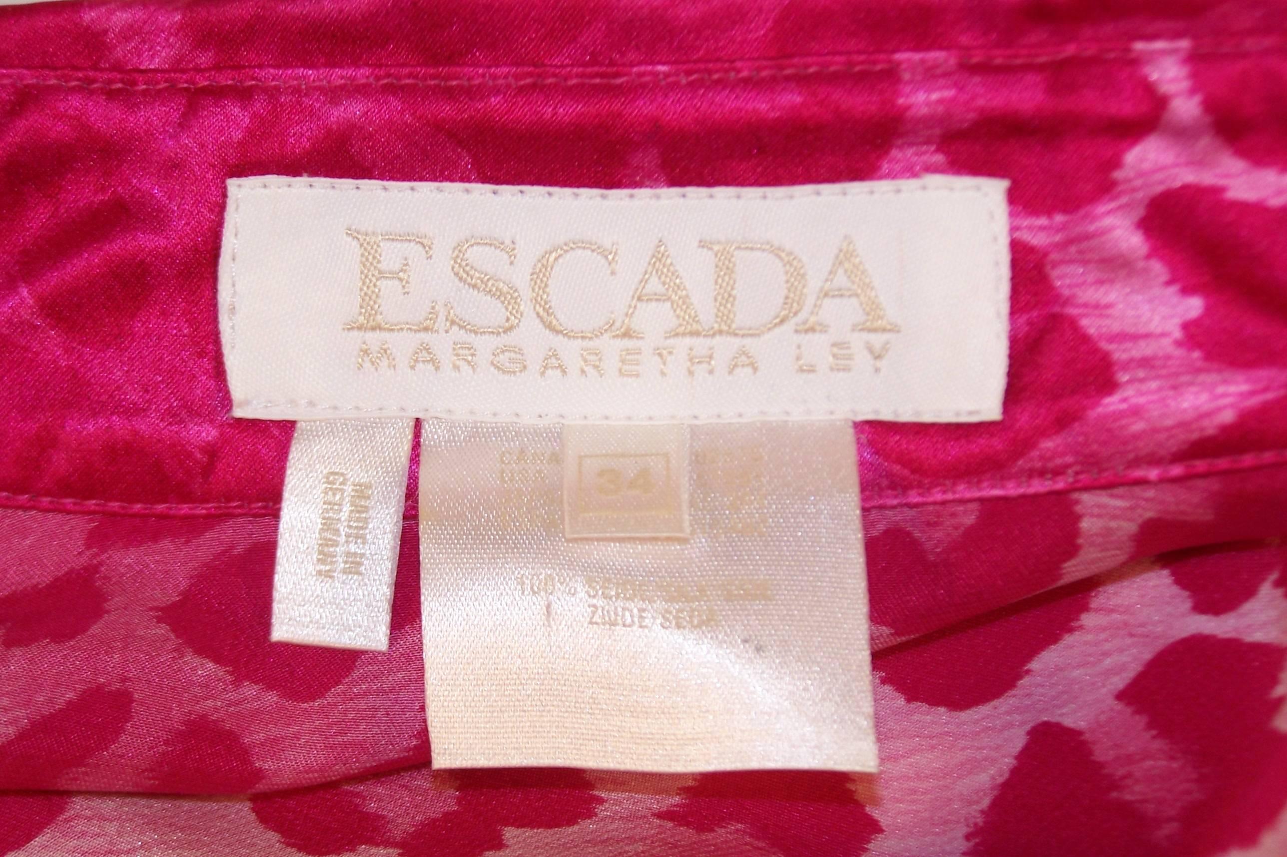 1980's Escada Hot Pink Leopard Print Silk Charmeuse Blouse 4