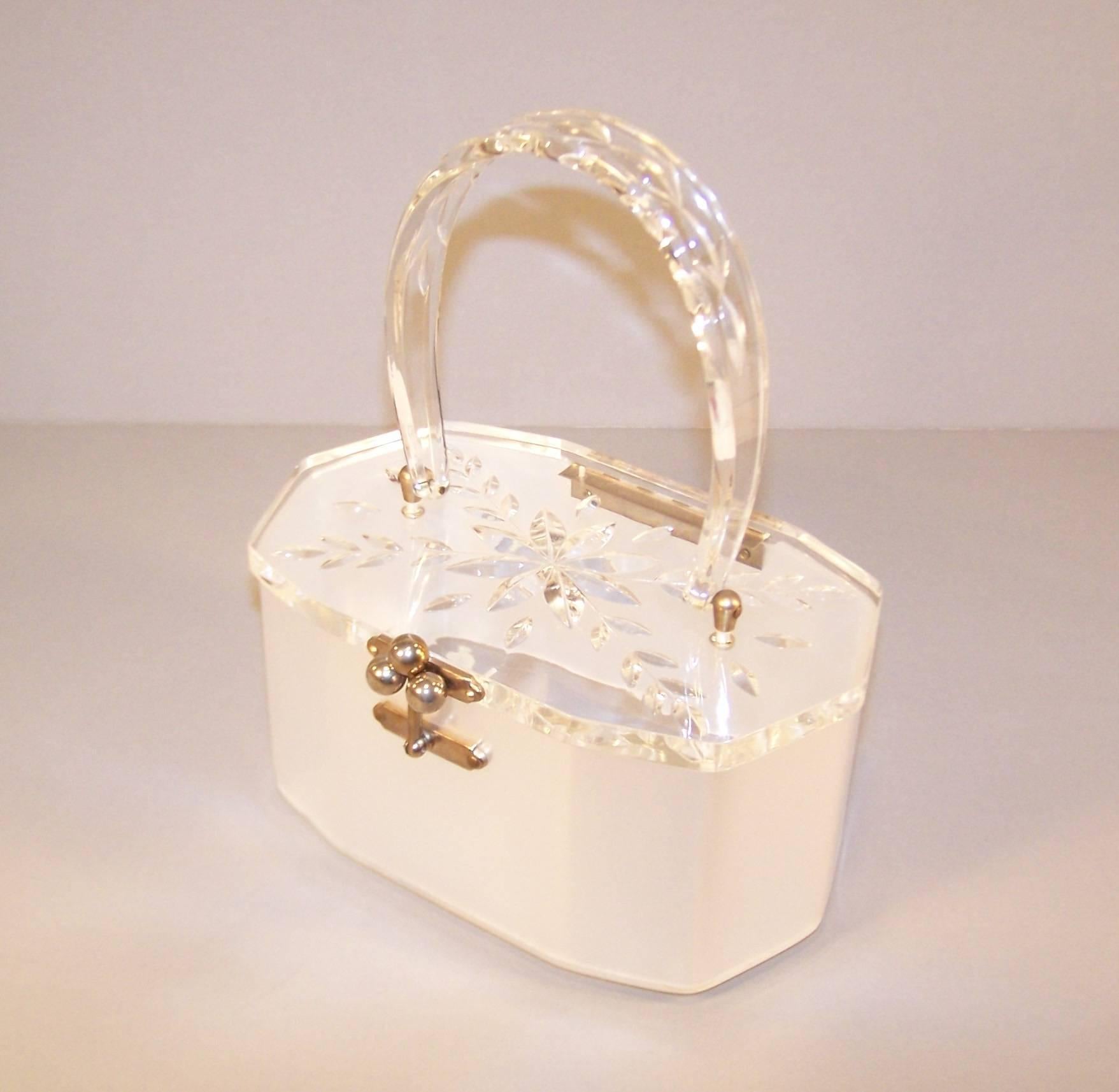 White Classic 1950's Lucite Carved Lid Sateen Handbag