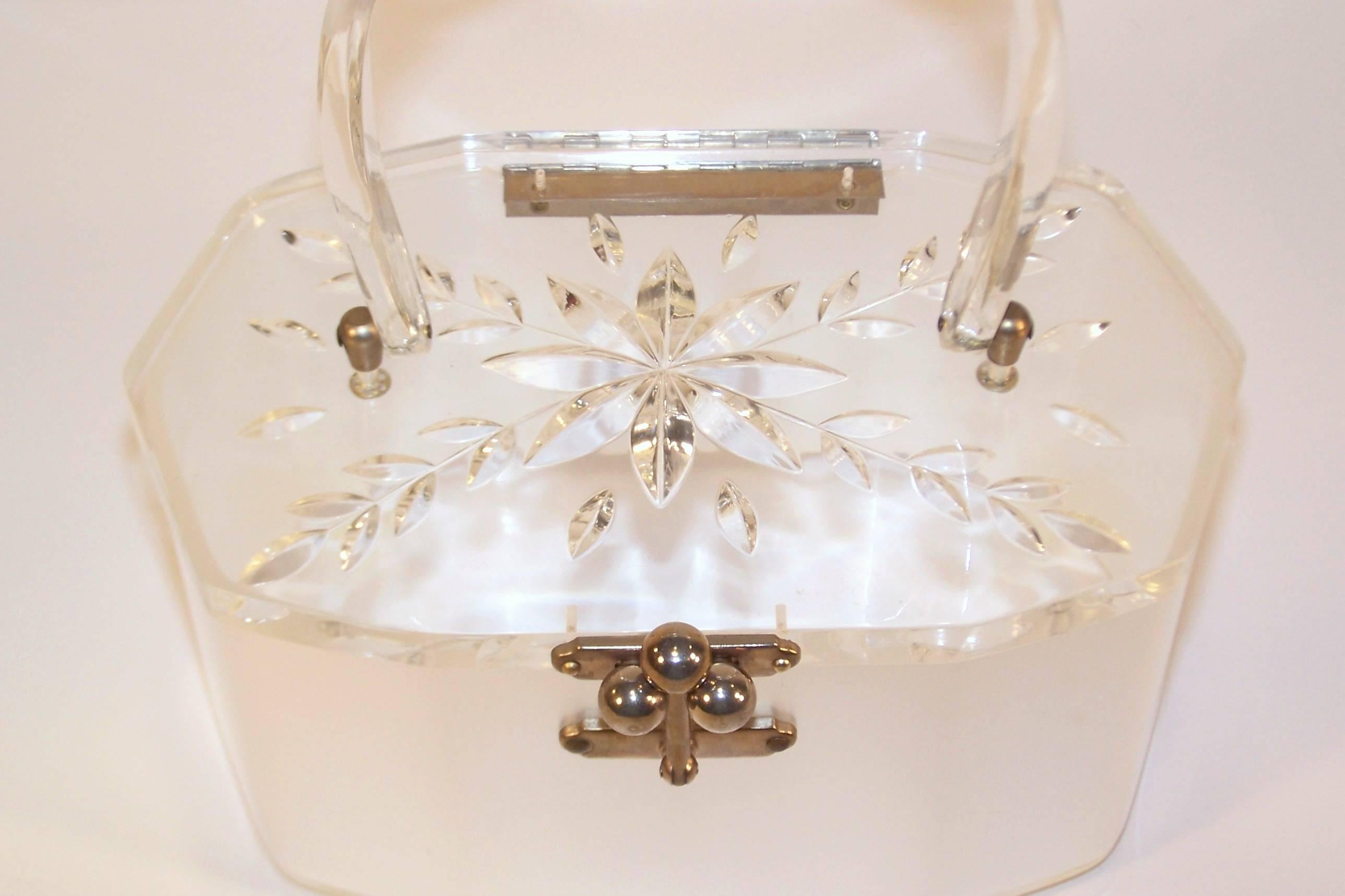 Classic 1950's Lucite Carved Lid Sateen Handbag In Excellent Condition In Atlanta, GA