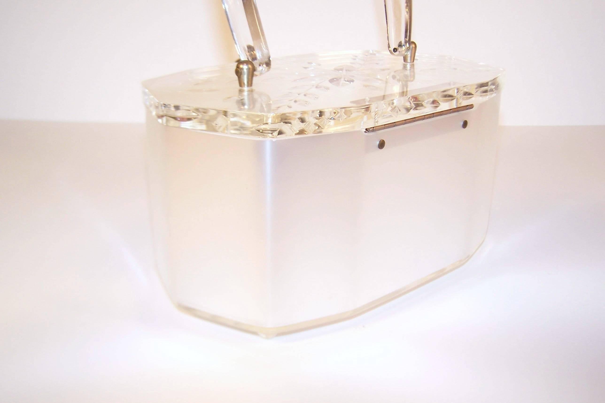 Classic 1950's Lucite Carved Lid Sateen Handbag 1