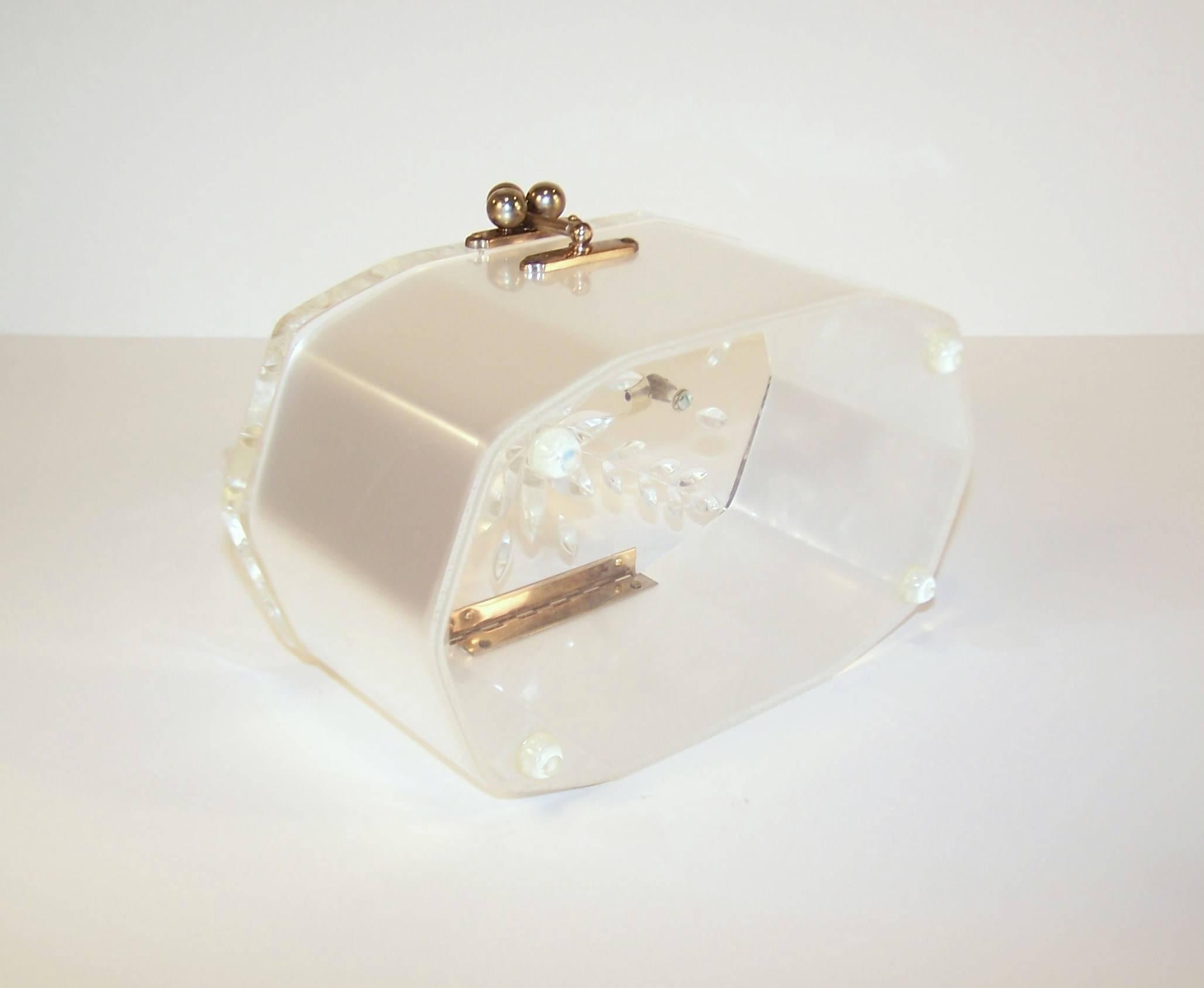 Classic 1950's Lucite Carved Lid Sateen Handbag 5