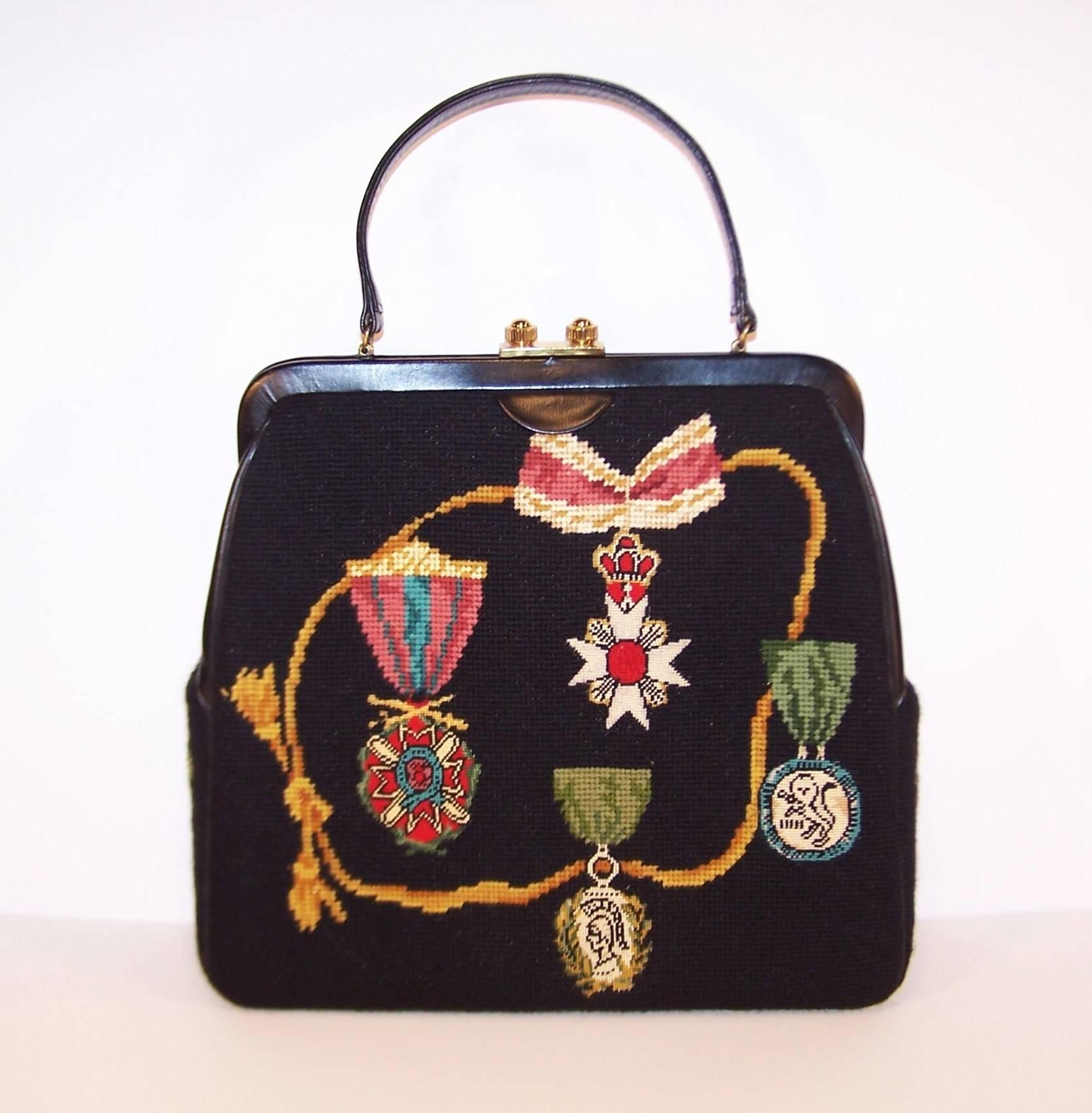 Fabulous 1950's Trompe L'oeil Needlepoint & Black Leather Handbag In Excellent Condition In Atlanta, GA