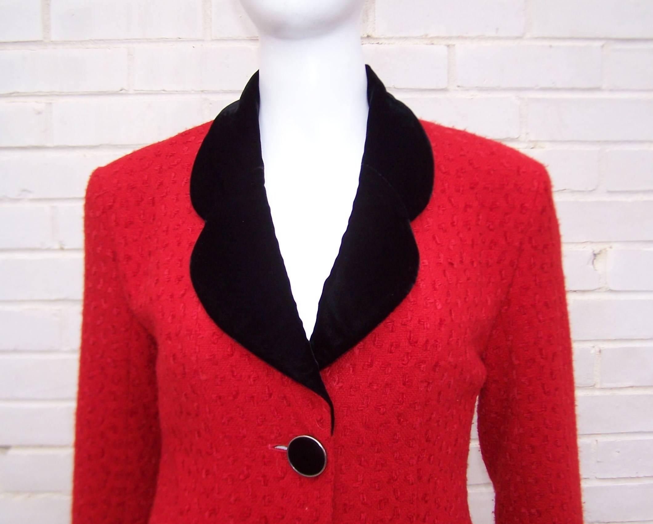 Classy C.1990 Karl Lagerfeld Red Wool Suit With Black Velvet Accents In Excellent Condition In Atlanta, GA