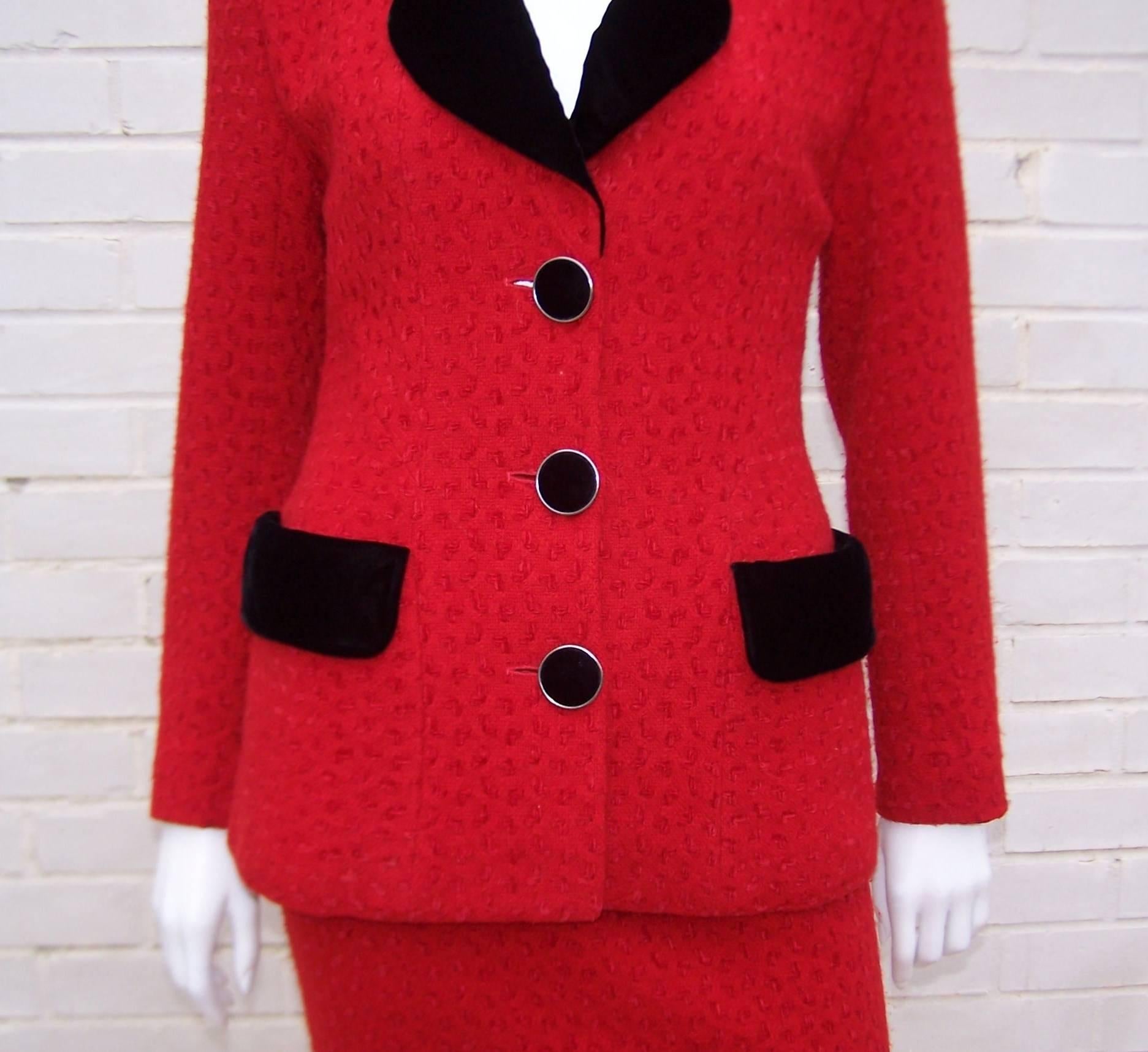 Women's Classy C.1990 Karl Lagerfeld Red Wool Suit With Black Velvet Accents