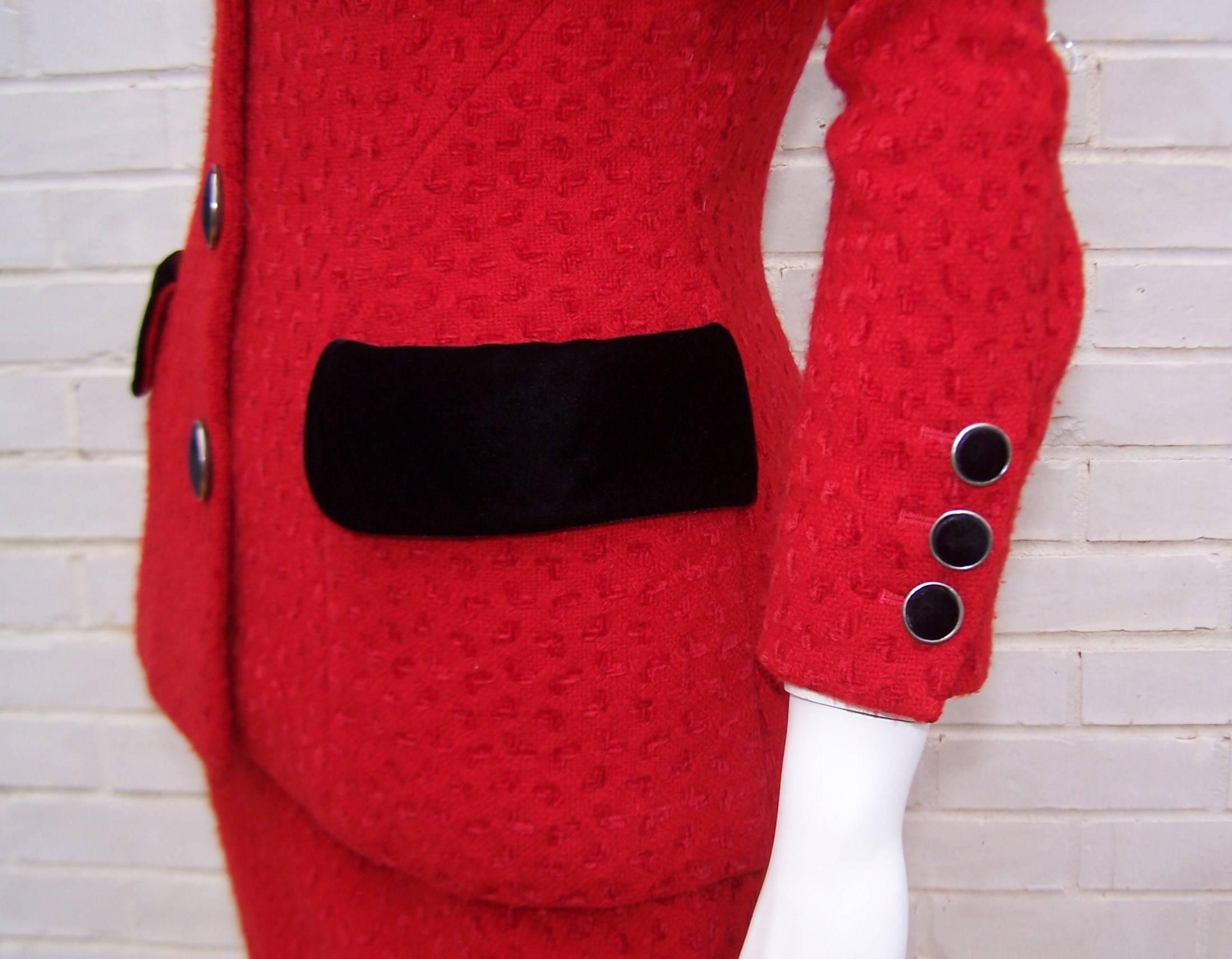 Classy C.1990 Karl Lagerfeld Red Wool Suit With Black Velvet Accents 1