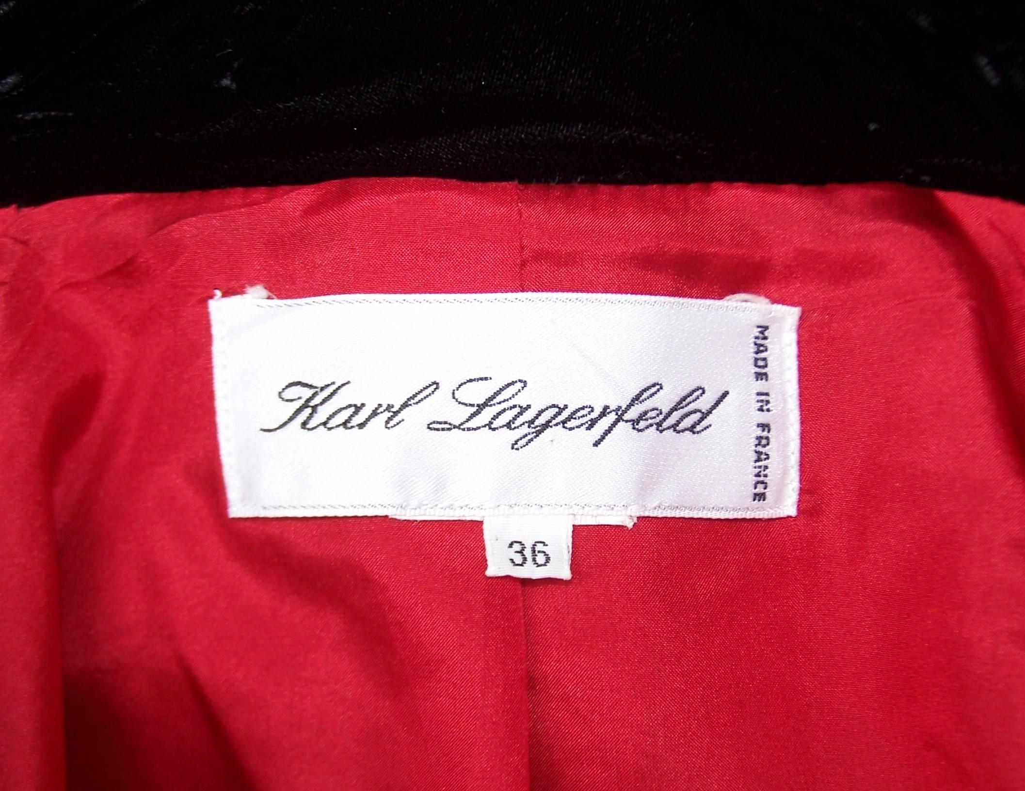 Classy C.1990 Karl Lagerfeld Red Wool Suit With Black Velvet Accents 3