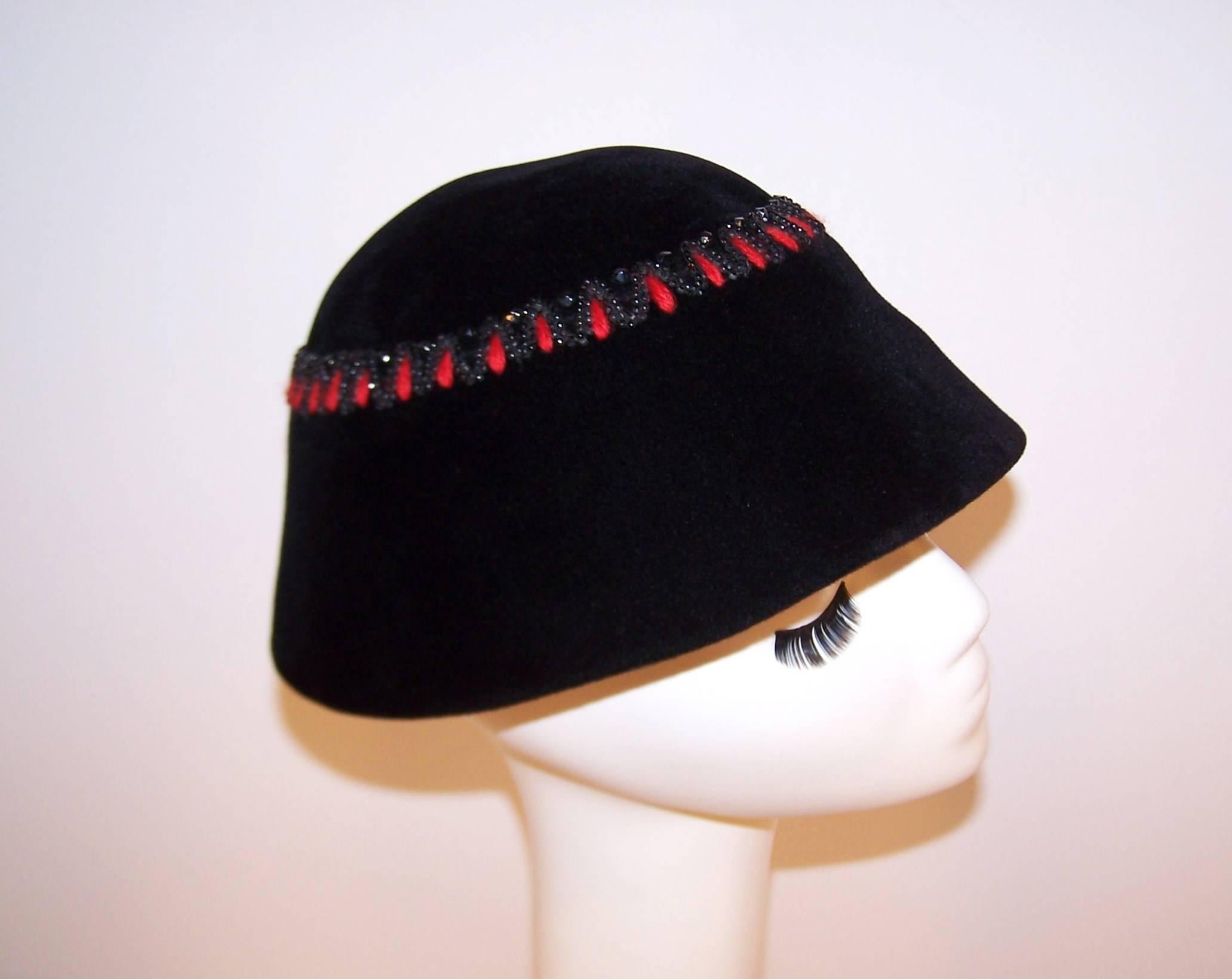 French C.1950 Black Wool Bucket Hat With Beading & Red Embroidery 1
