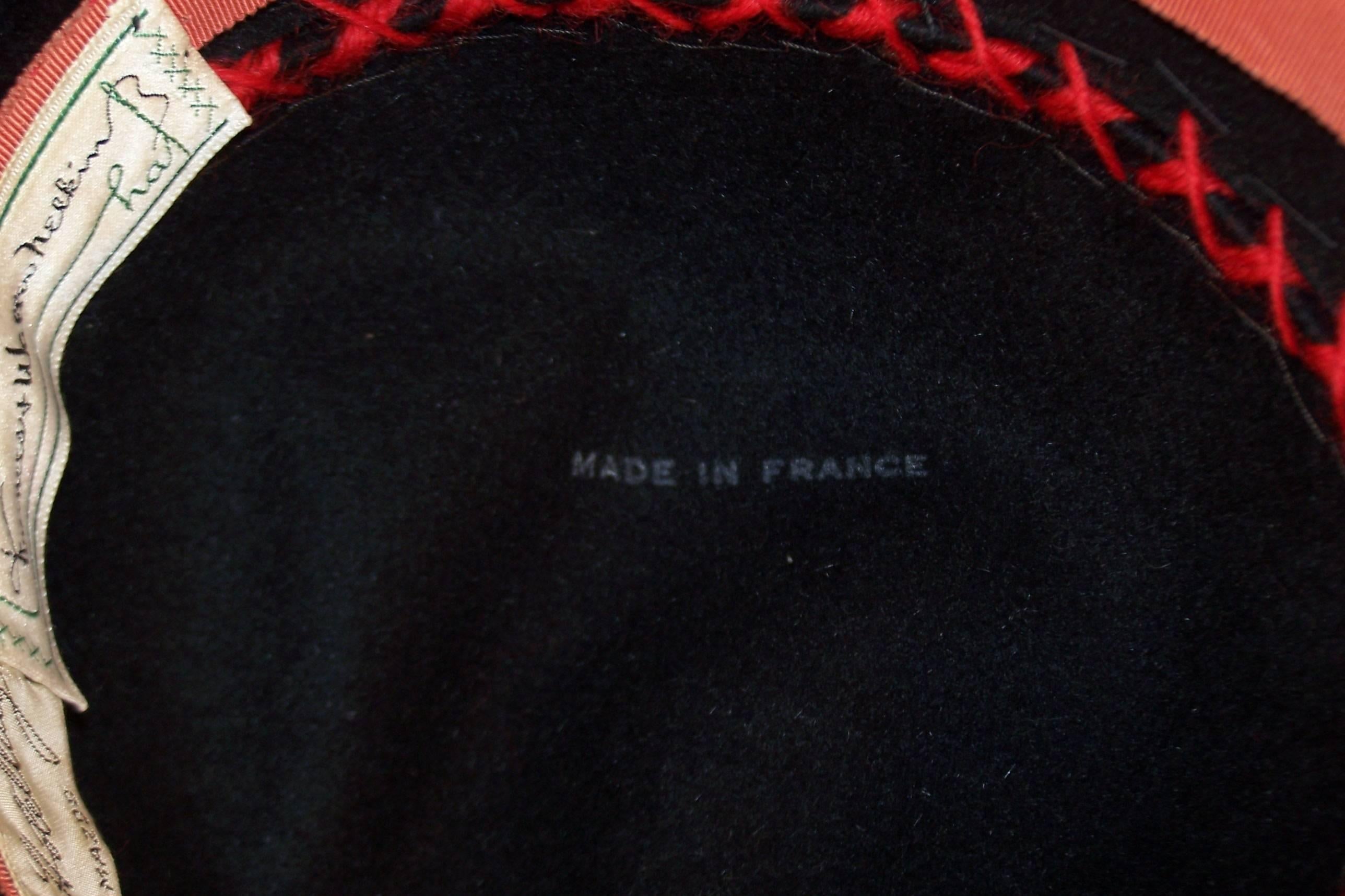 French C.1950 Black Wool Bucket Hat With Beading & Red Embroidery 4