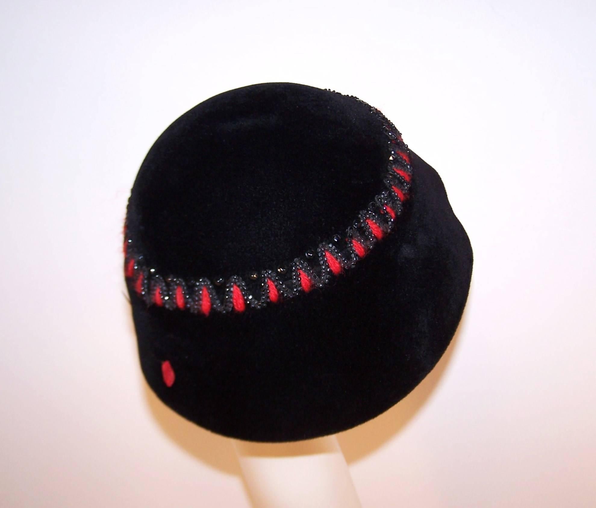 Women's French C.1950 Black Wool Bucket Hat With Beading & Red Embroidery