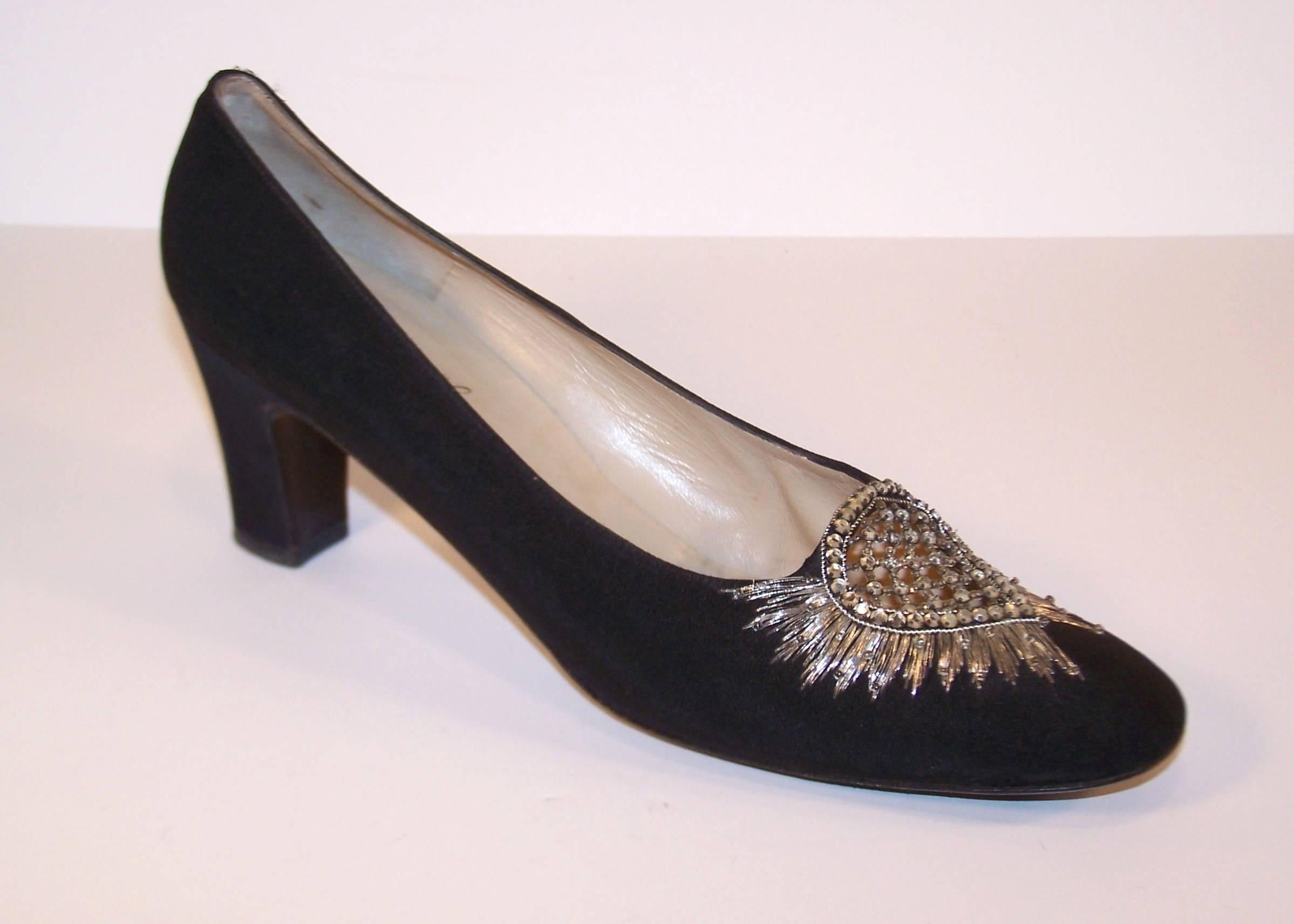 Regal 1960's Bruno Magli Black Silk Faille Shoes With Rhinetones In Excellent Condition In Atlanta, GA