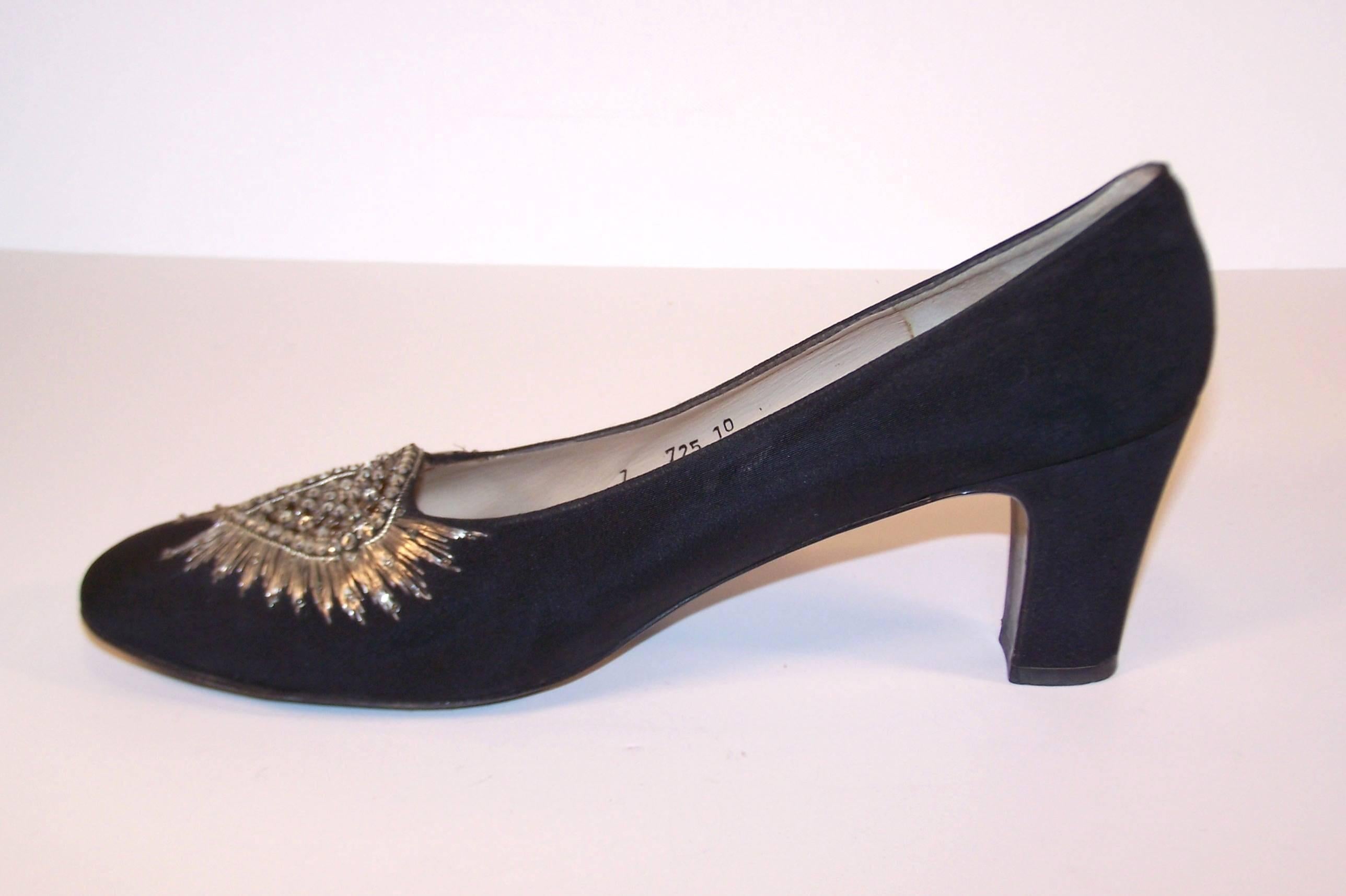 Women's Regal 1960's Bruno Magli Black Silk Faille Shoes With Rhinetones