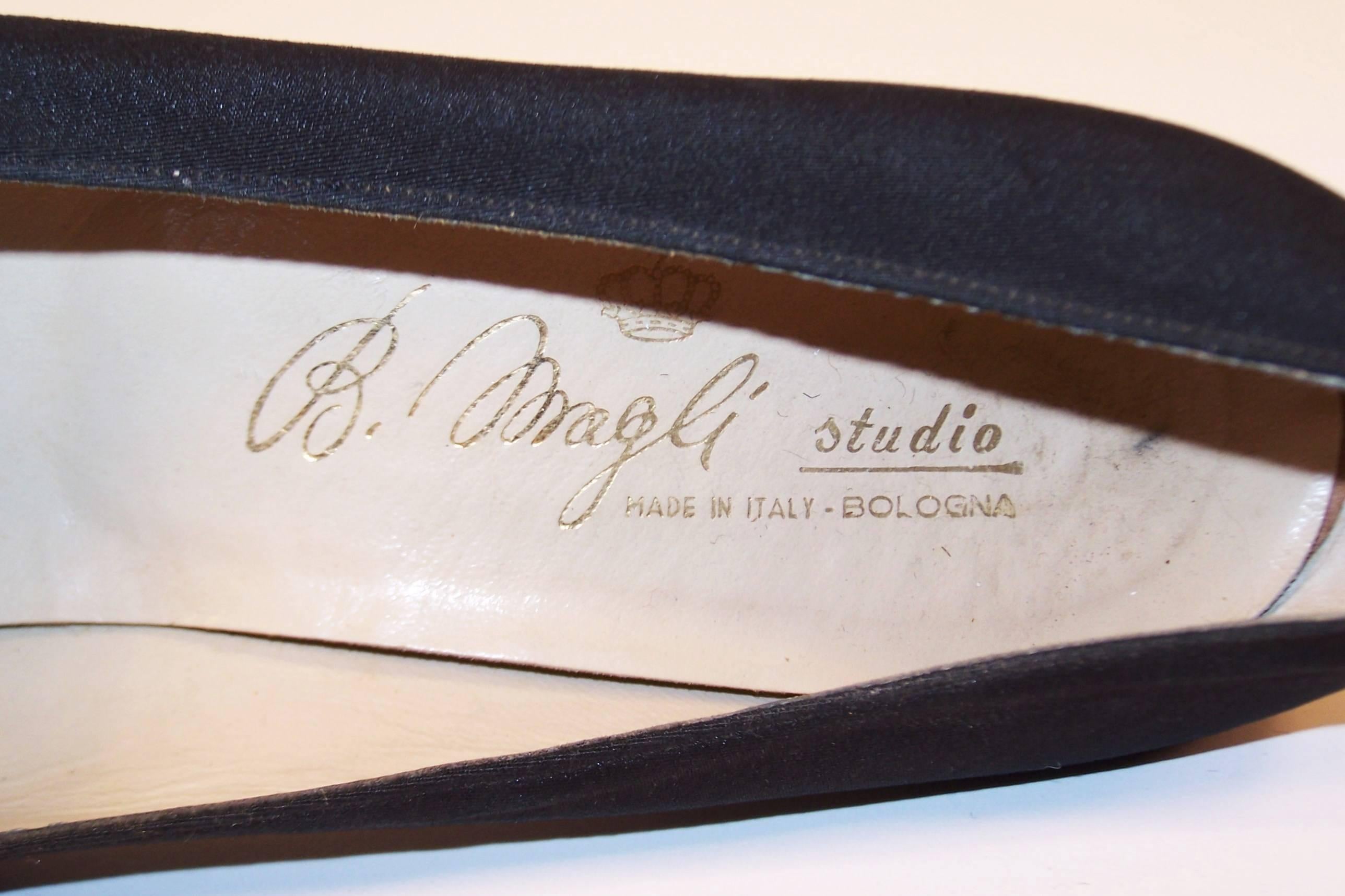 Regal 1960's Bruno Magli Black Silk Faille Shoes With Rhinetones 3