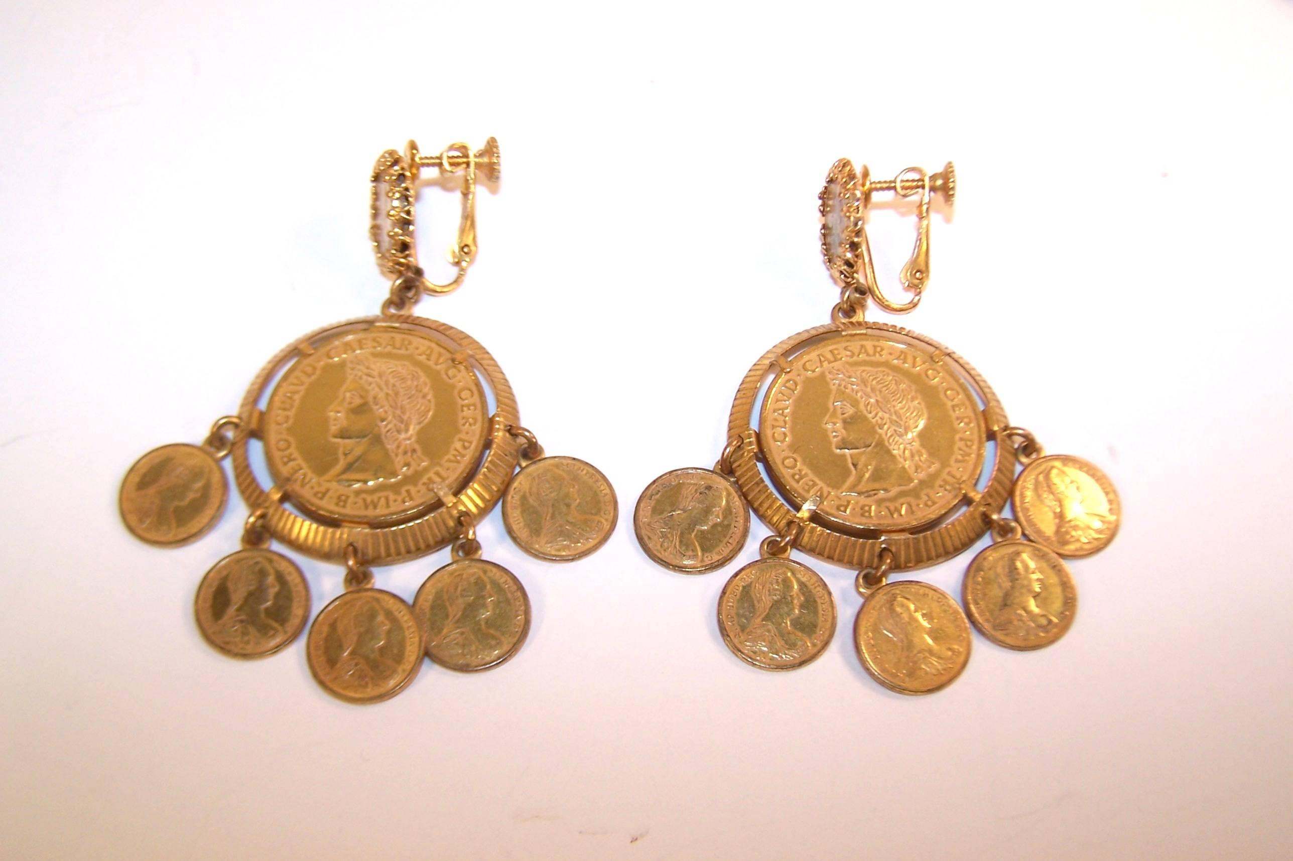 Classical Roman Exotic 1960's Miriam Haskell Roman Gold Coin Earrings