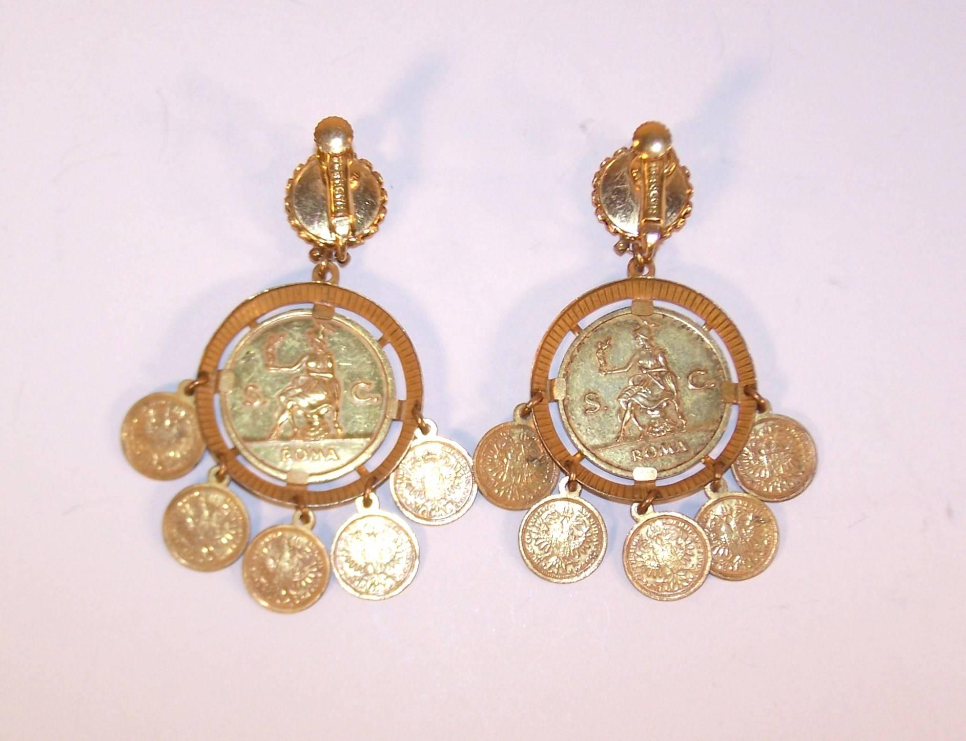 Exotic 1960's Miriam Haskell Roman Gold Coin Earrings In Excellent Condition In Atlanta, GA