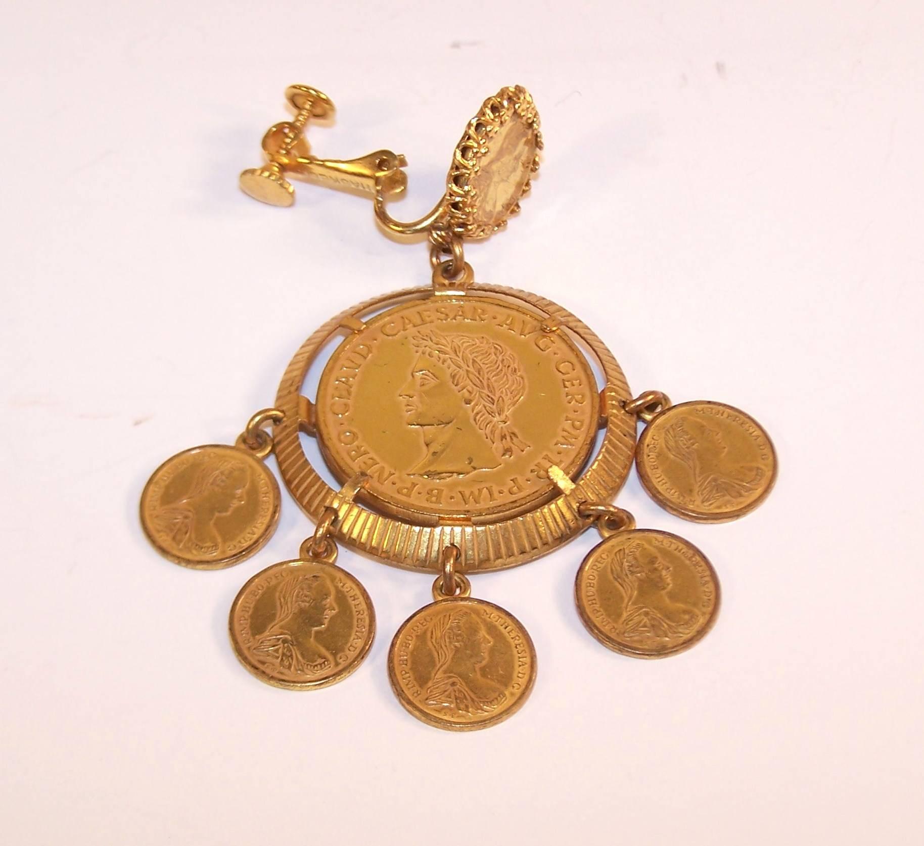 Exotic 1960's Miriam Haskell Roman Gold Coin Earrings 1