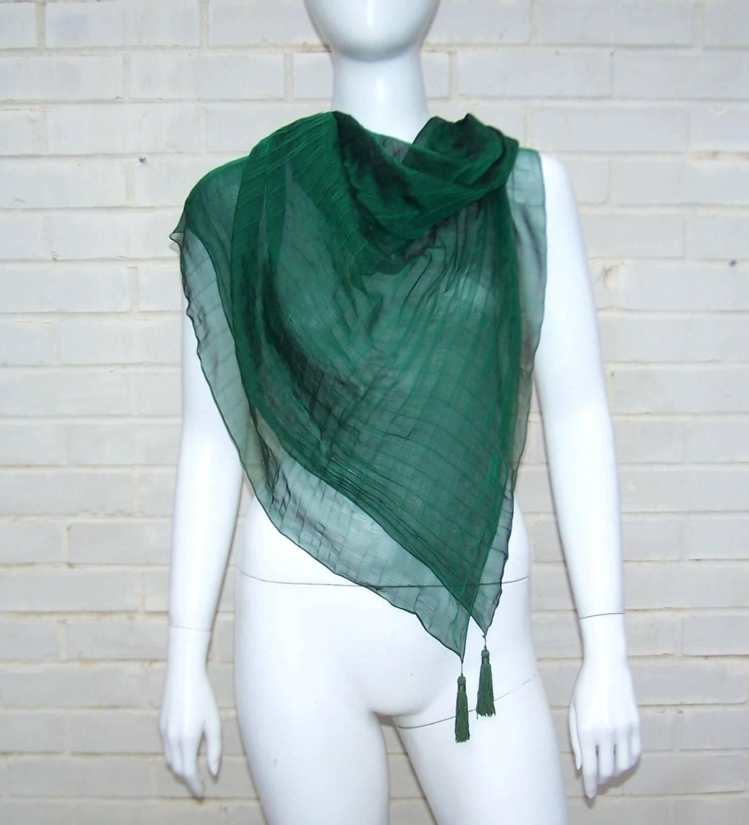 Women's Ethereal C.1990 Sayoko Miyajima Micro Pleated Green Silk Chiffon Scarf