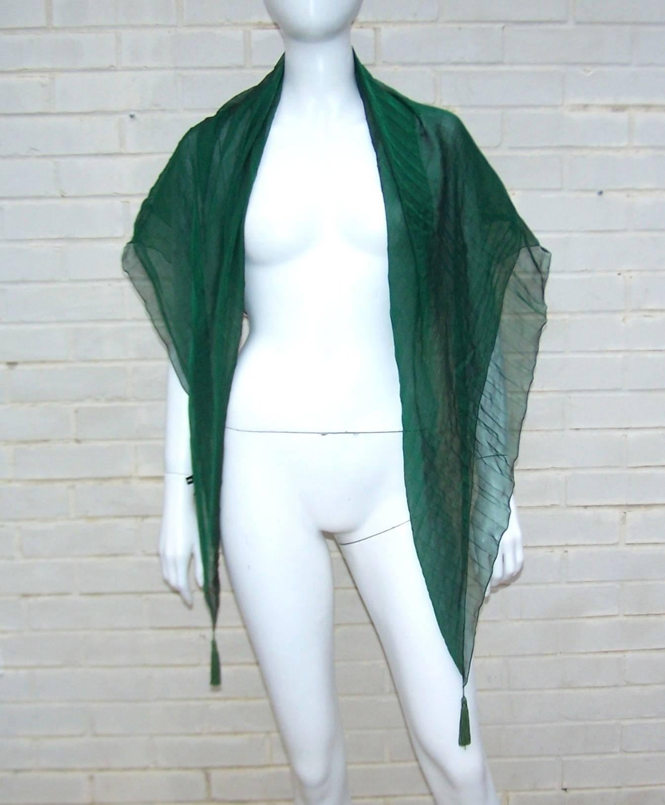 Ethereal C.1990 Sayoko Miyajima Micro Pleated Green Silk Chiffon Scarf 1